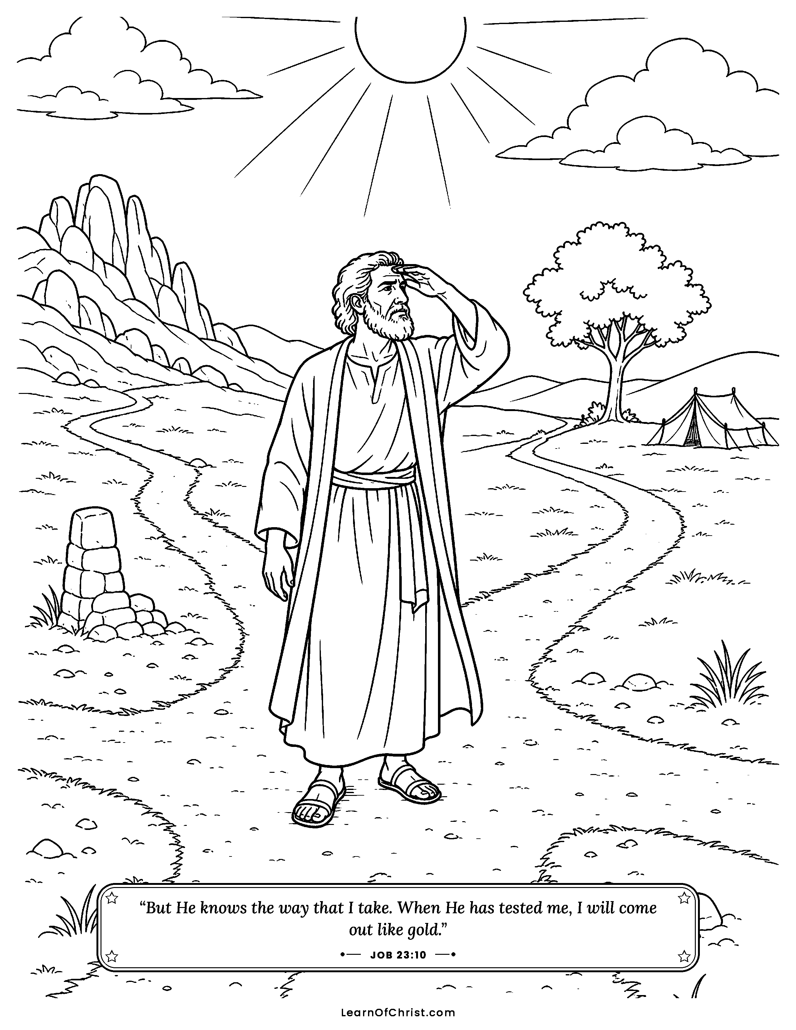Job 23 coloring page - Job searches every direction for God. Free printable Bible coloring sheet for kids.