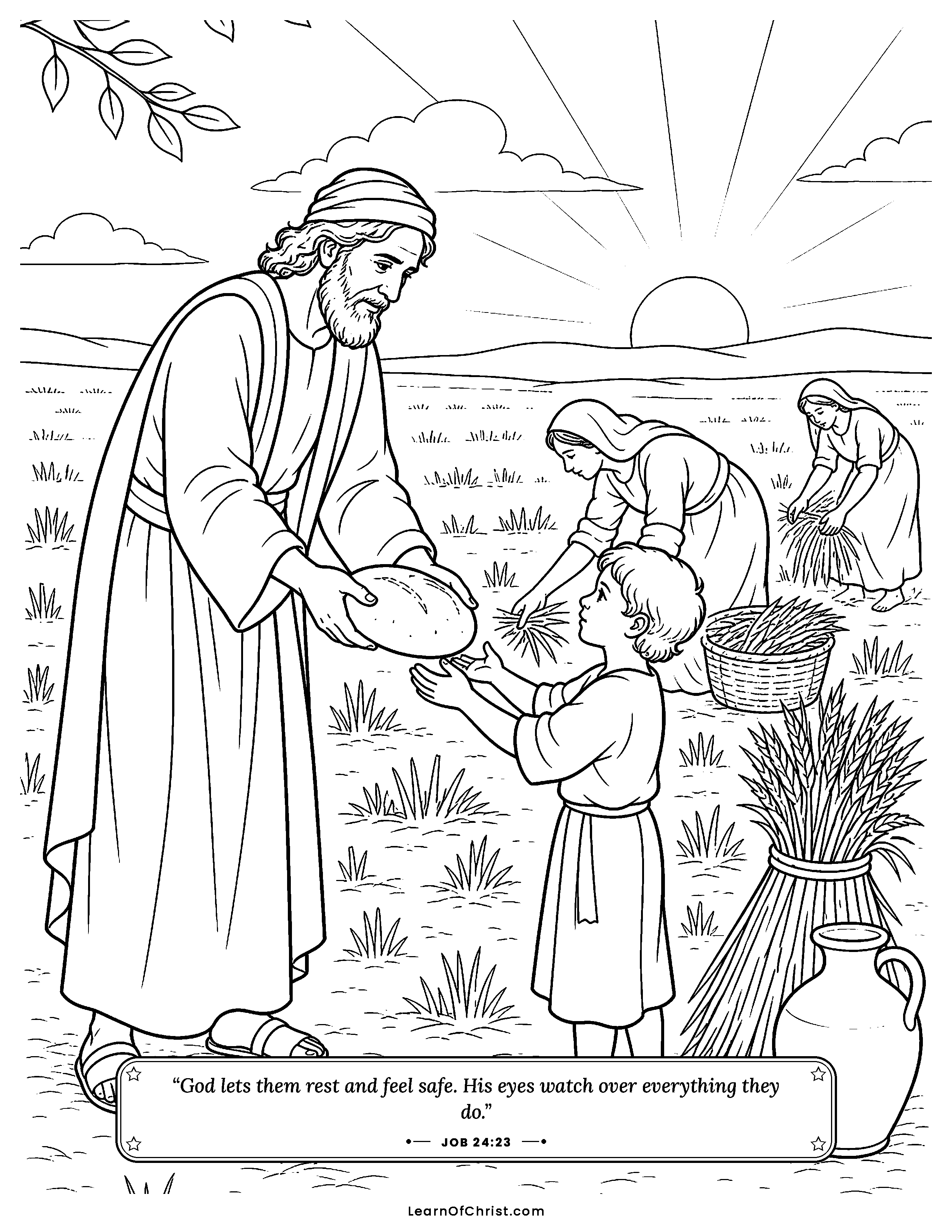 Job 24 coloring page - Job cares about the people who have little. Free printable Bible coloring sheet for kids.