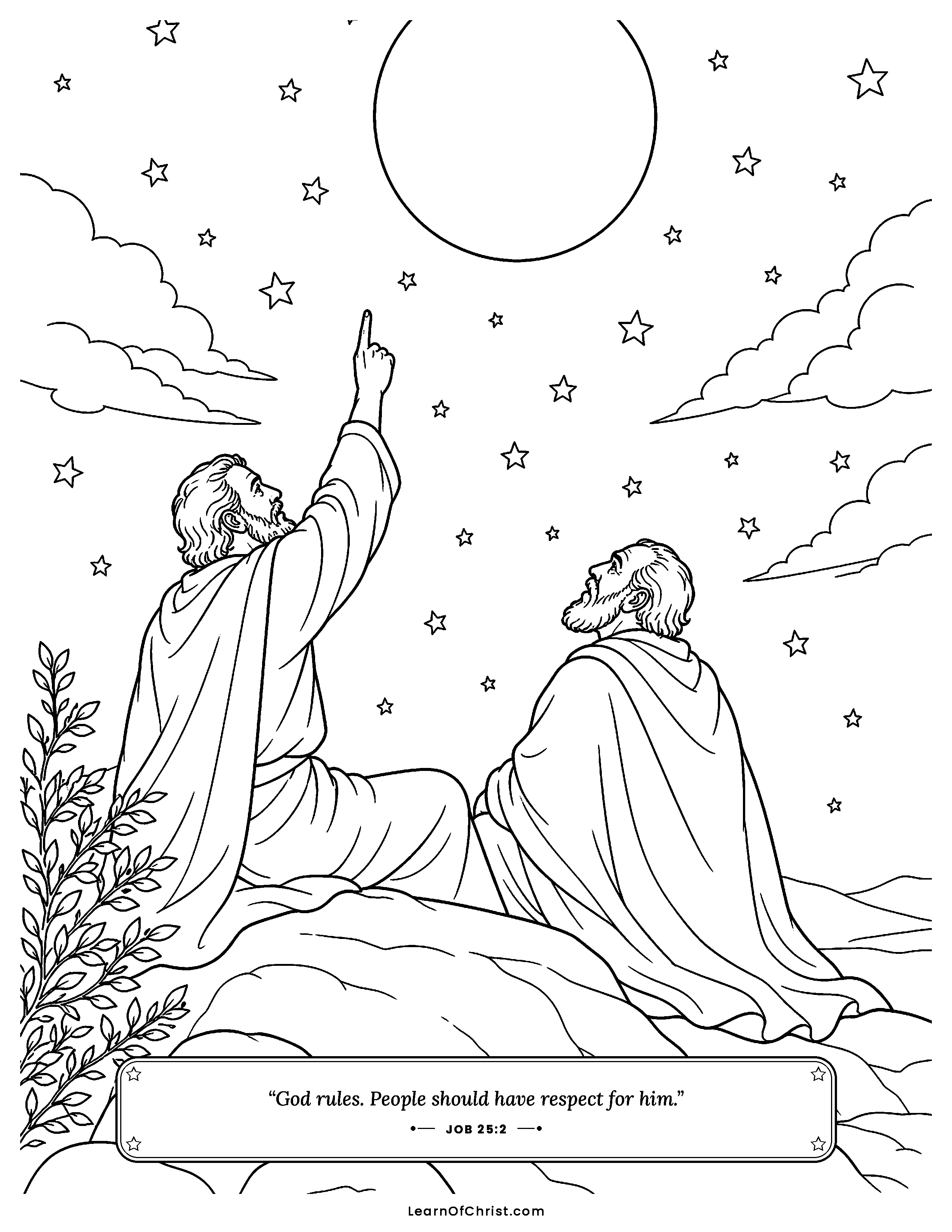 Job 25 coloring page - Bildad looks up at the countless stars. Free printable Bible coloring sheet for kids.