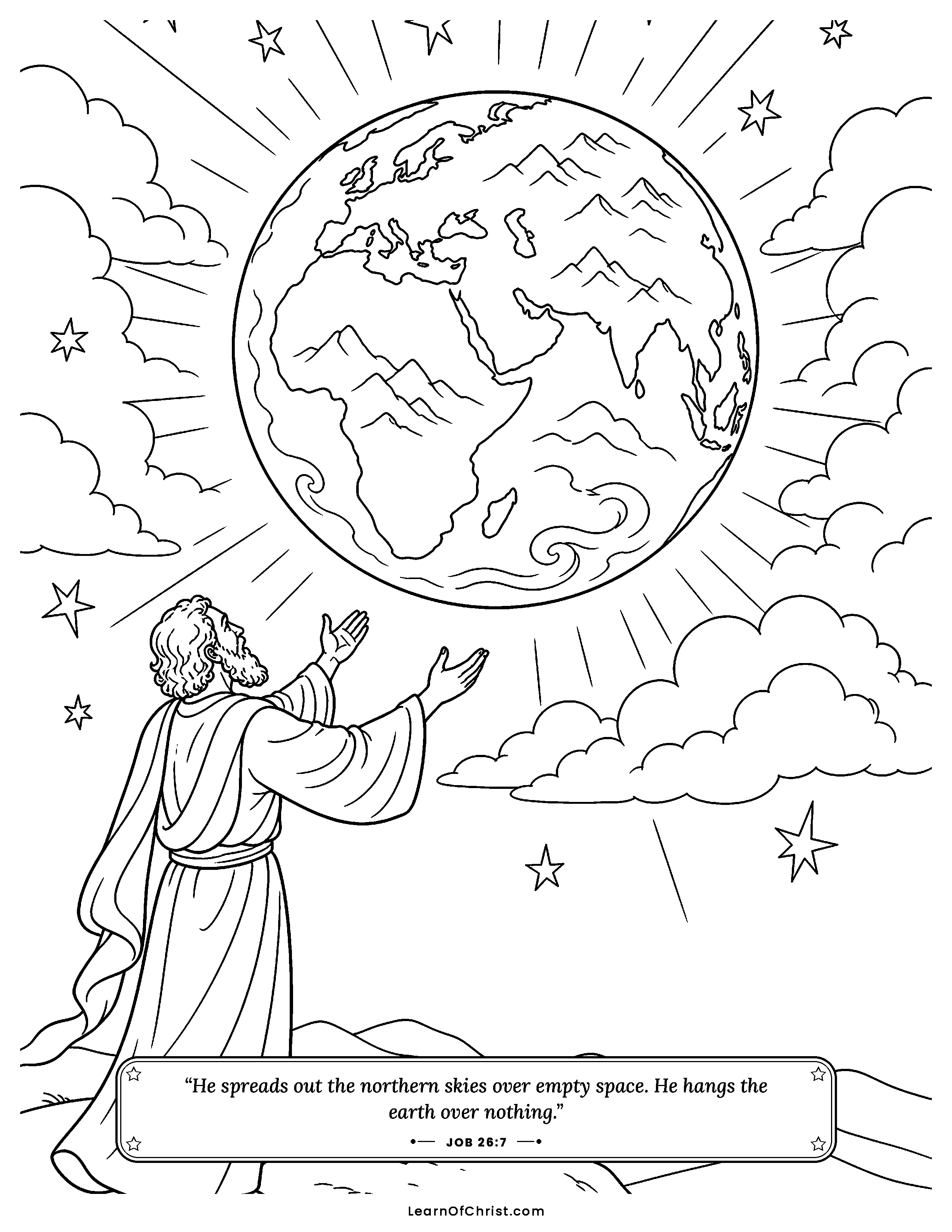 Job 26 coloring page - God hangs the earth on nothing at all. Free printable Bible coloring sheet for kids.