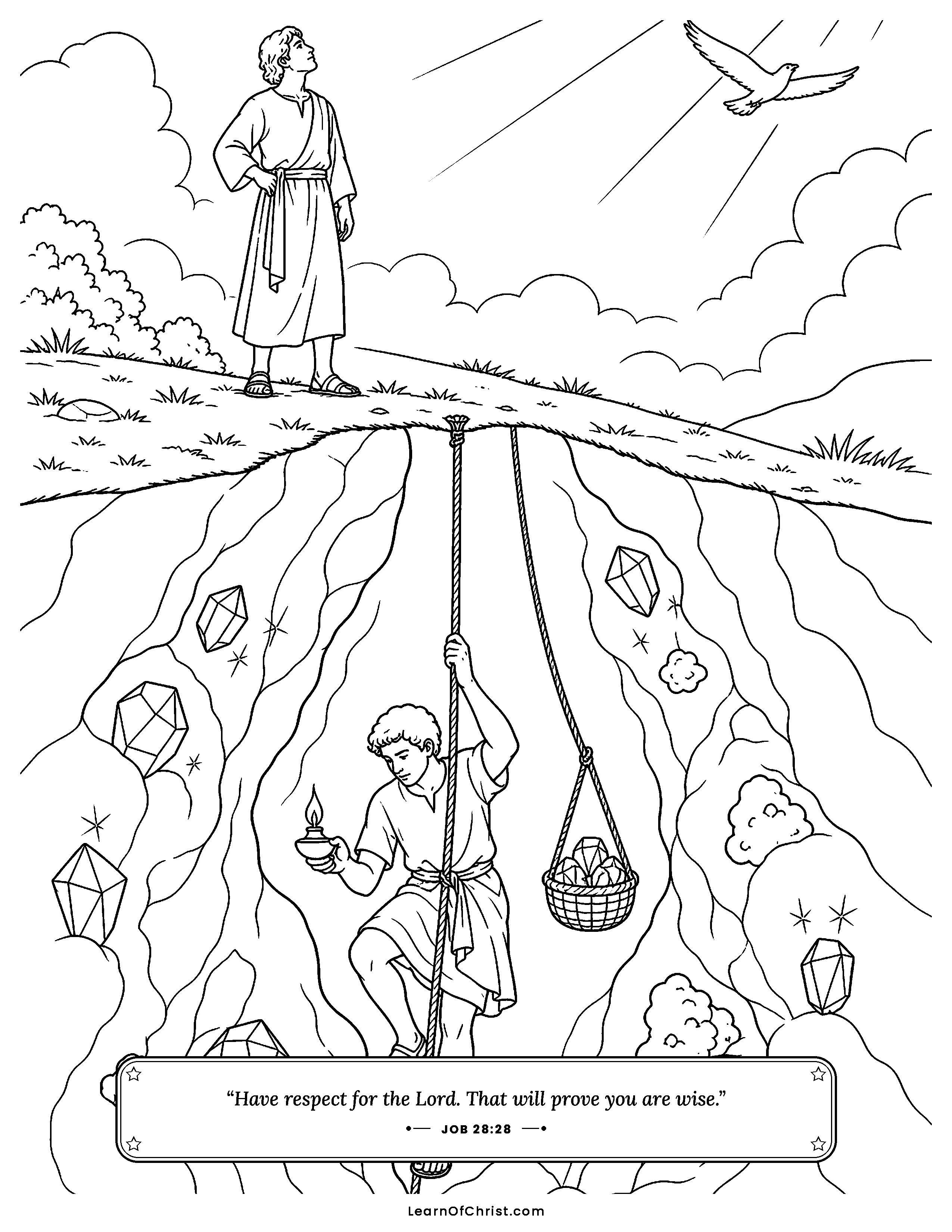 Job 28 coloring page - Miners dig deep, but wisdom is better. Free printable Bible coloring sheet for kids.