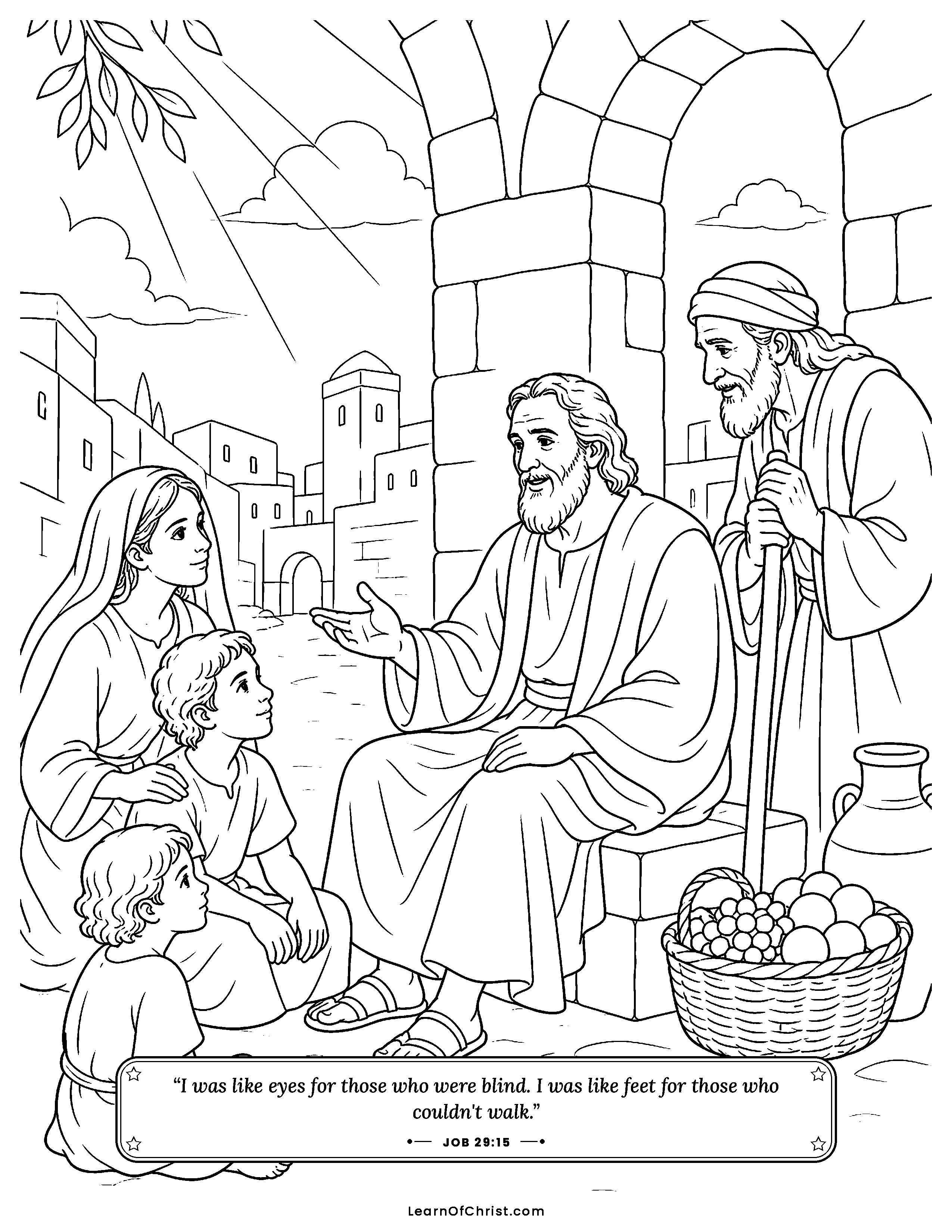 Job 29 coloring page - People gather to hear Job's good advice. Free printable Bible coloring sheet for kids.