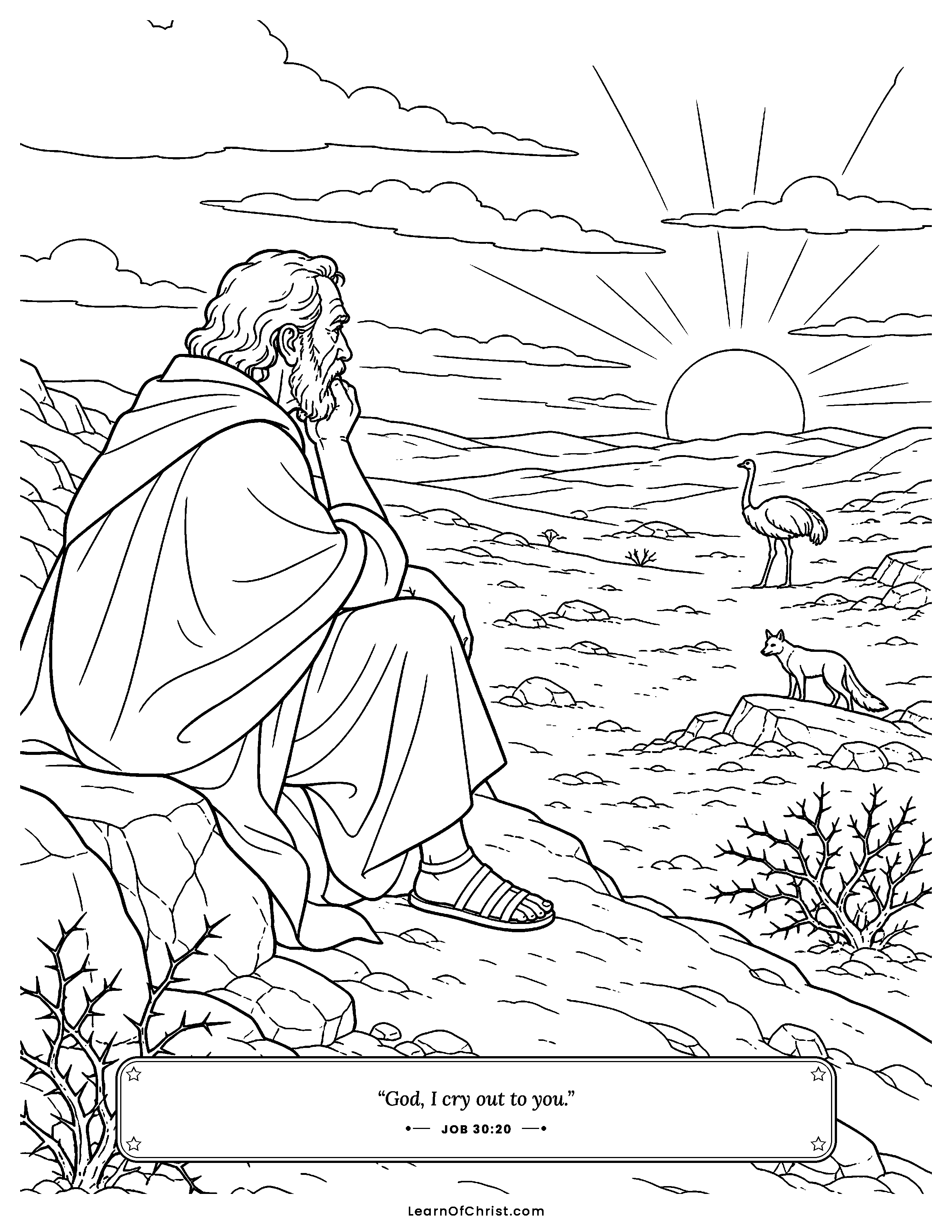 Job 30 coloring page - Job among the wild creatures. Free printable Bible coloring sheet for kids.