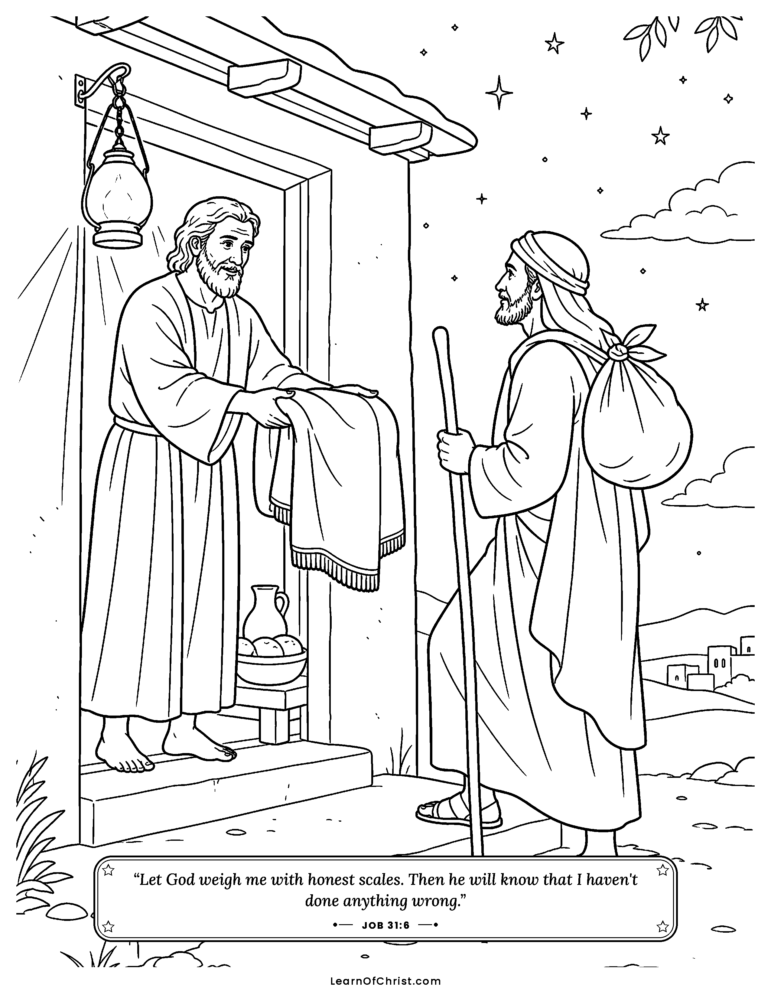 Job 31 coloring page - An open door for the traveler at night. Free printable Bible coloring sheet for kids.