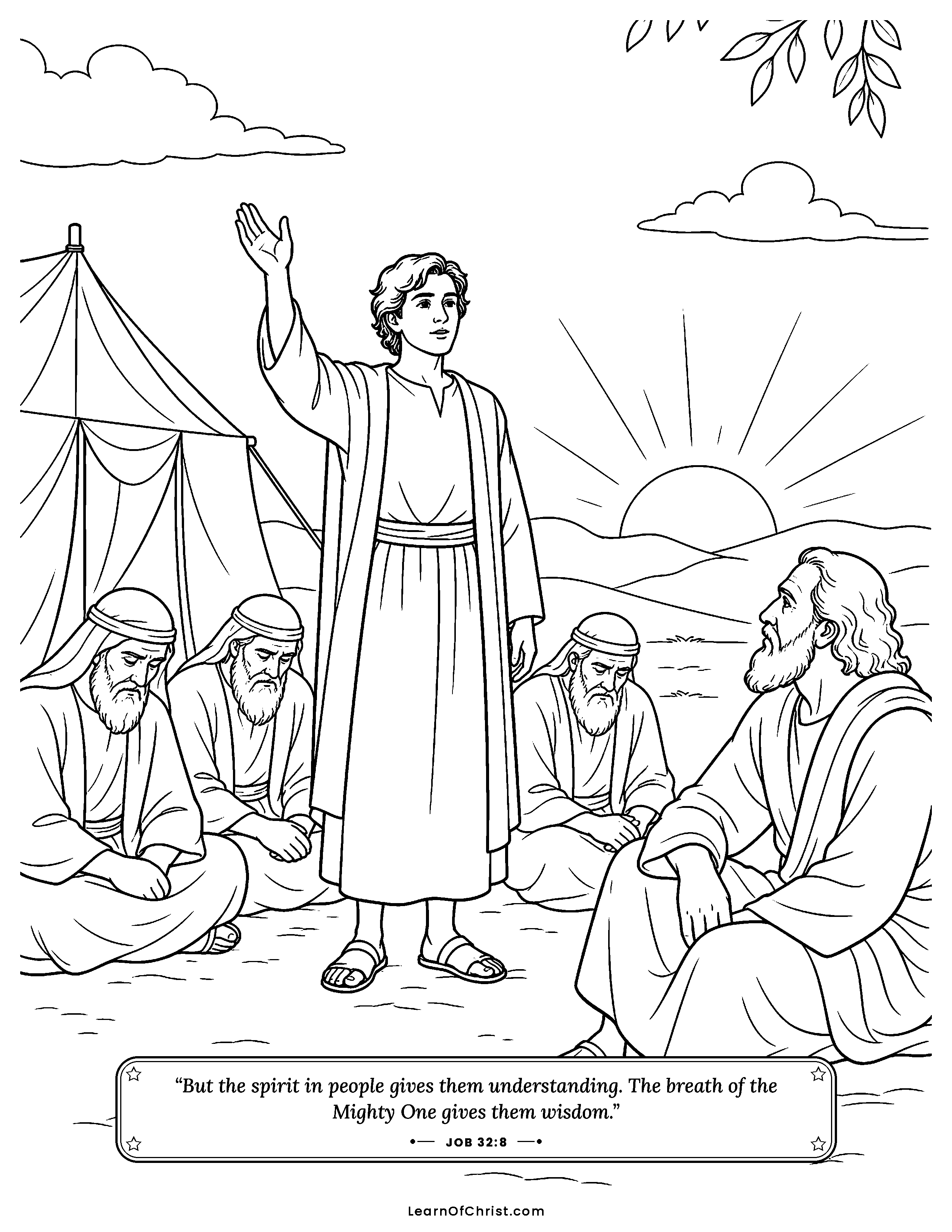 Job 32 coloring page - Young Elihu waits his turn to speak. Free printable Bible coloring sheet for kids.