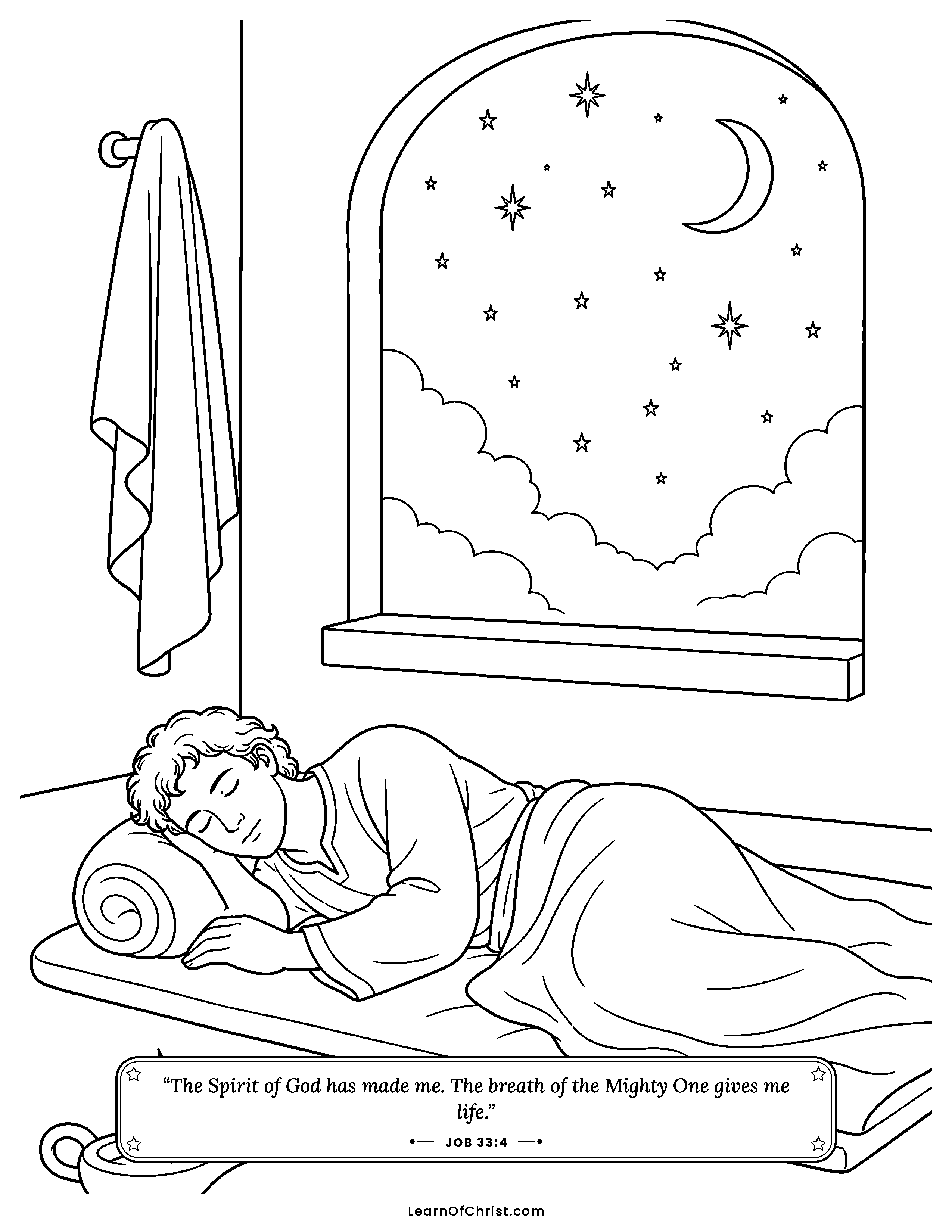 Job 33 coloring page - God speaks in the quiet of the night. Free printable Bible coloring sheet for kids.