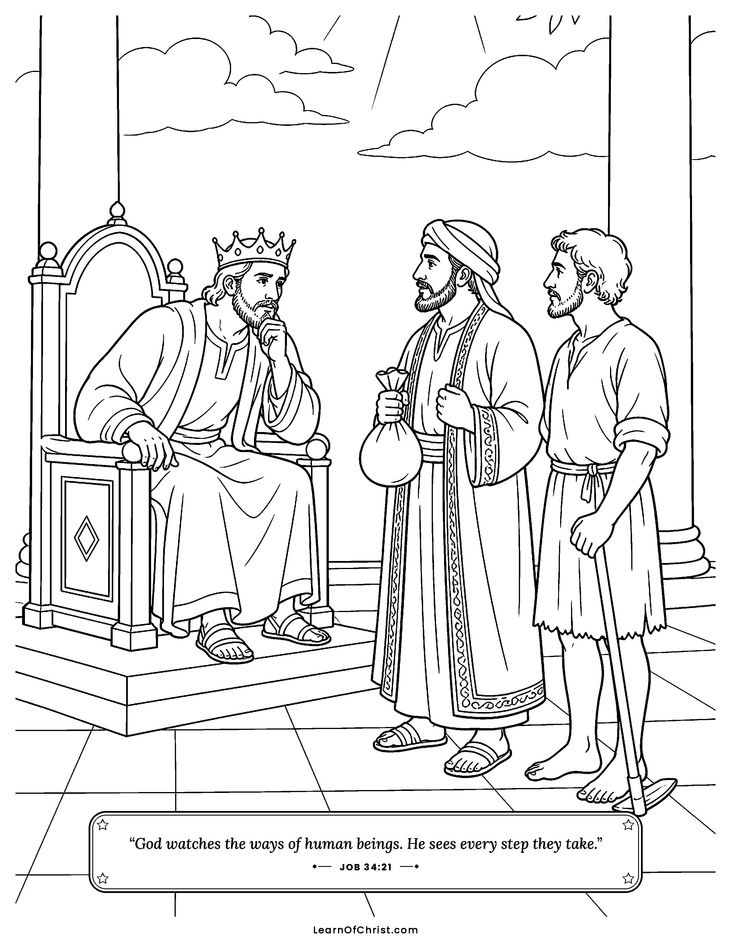 Job 34 coloring page - A good king listens fairly to everyone. Free printable Bible coloring sheet for kids.