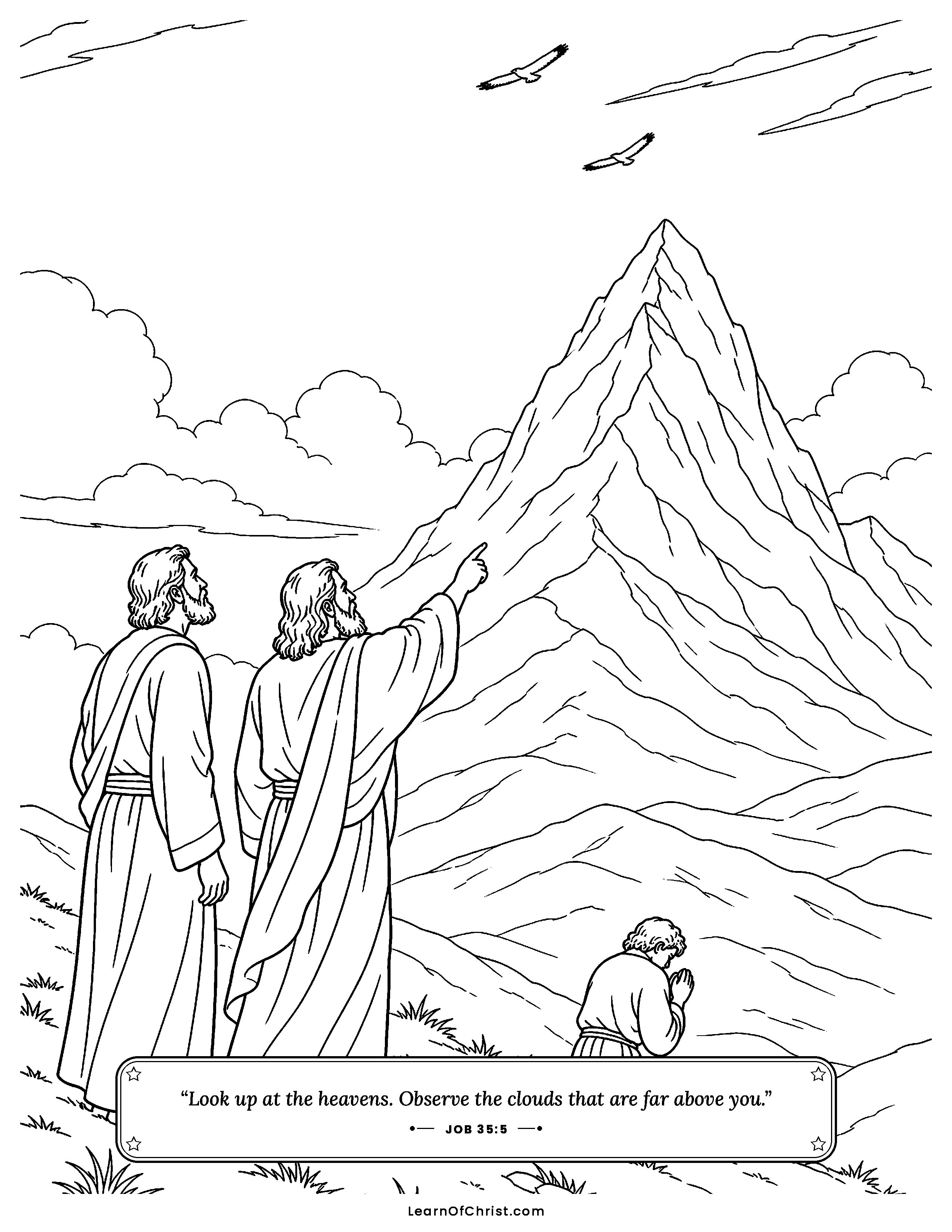 Job 35 coloring page - God is higher than the clouds and still hears. Free printable Bible coloring sheet for kids.