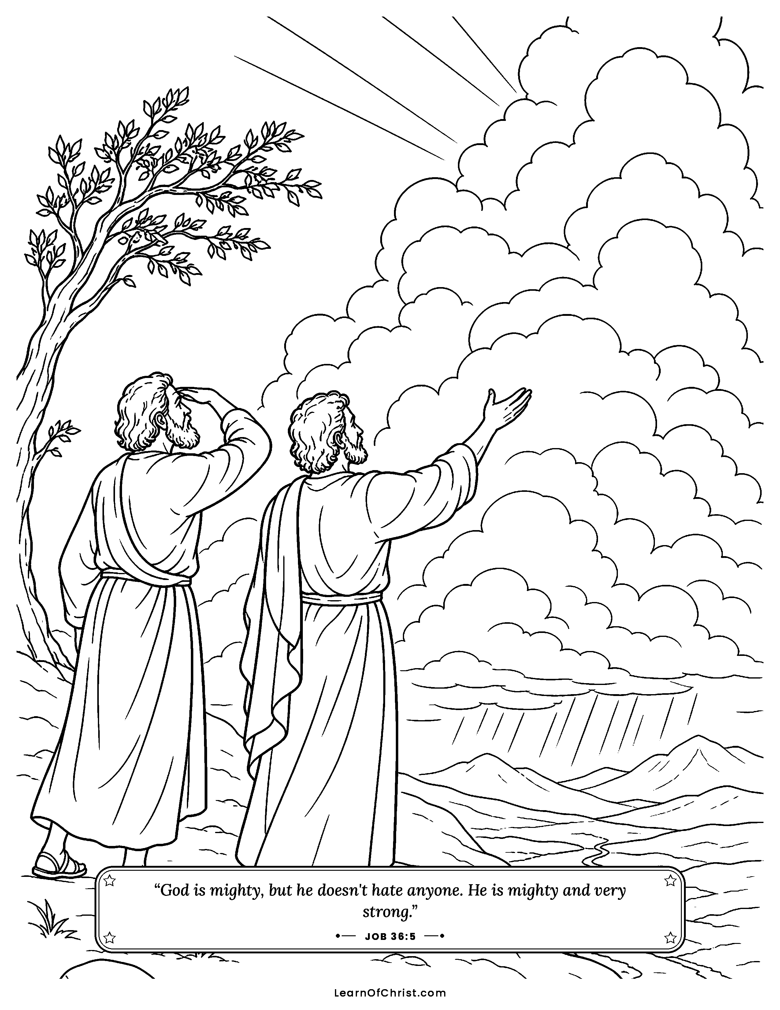 Job 36 coloring page - Great clouds gather over the hills. Free printable Bible coloring sheet for kids.