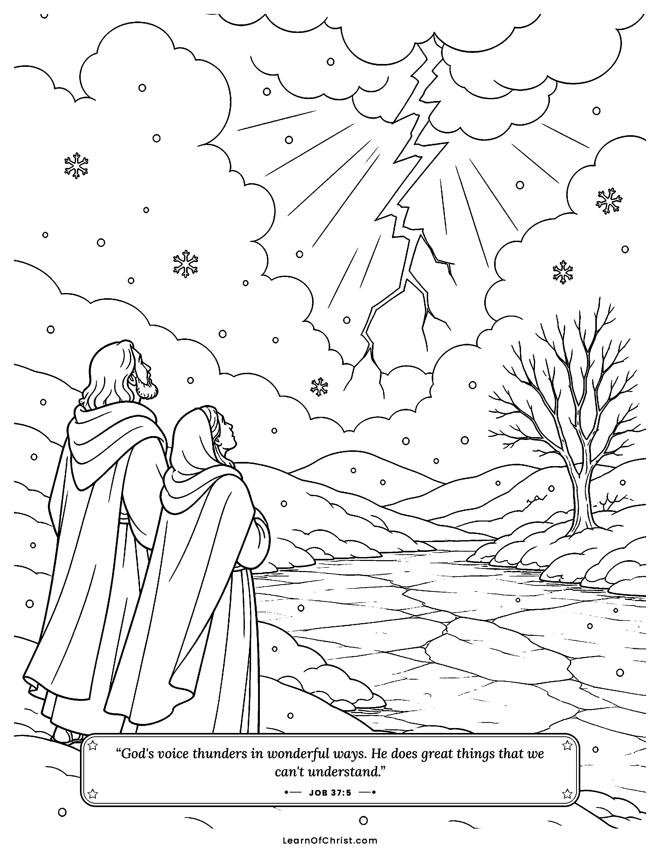 Job 37 coloring page - Thunder, snow and ice at God's command. Free printable Bible coloring sheet for kids.