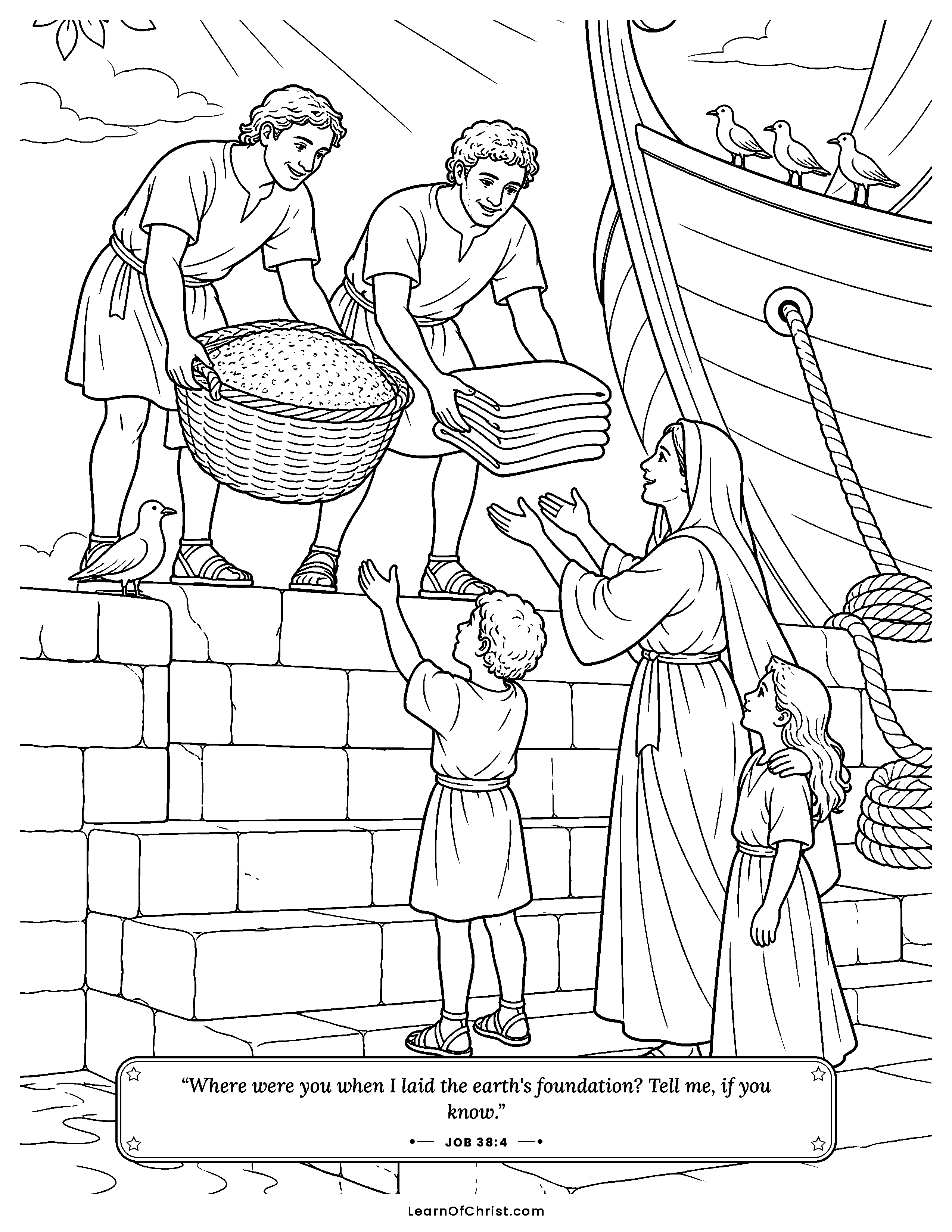 Job 38 coloring page - God answers Job out of the whirlwind. Free printable Bible coloring sheet for kids.