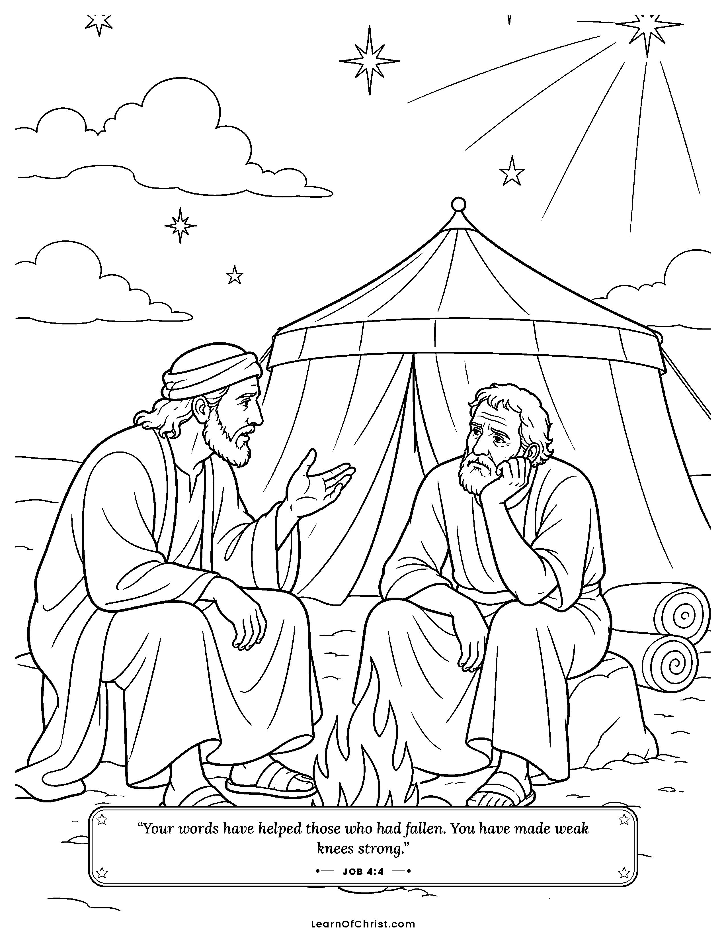 Job 4 coloring page - Eliphaz speaks to Job by the fire. Free printable Bible coloring sheet for kids.
