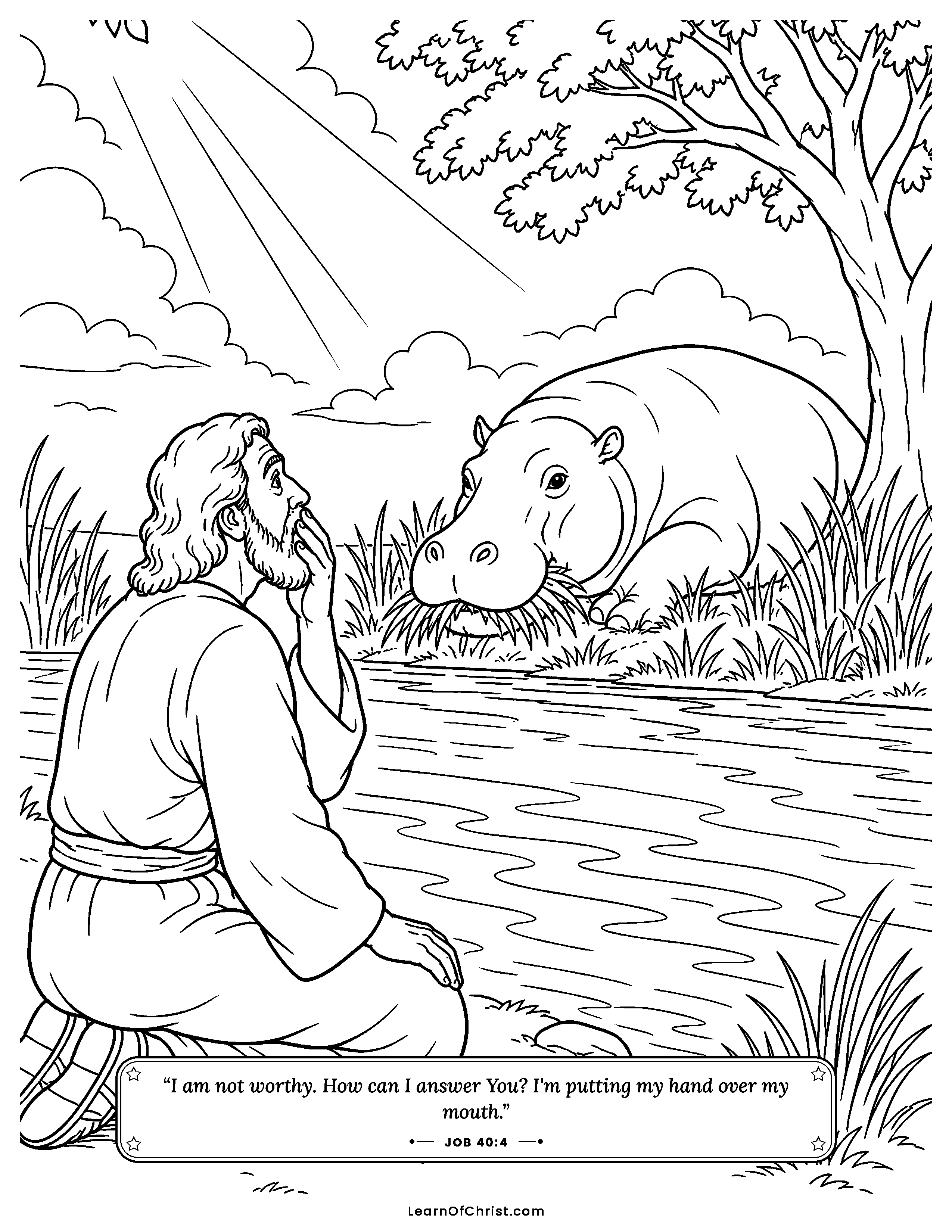 Job 40 coloring page - Job goes quiet before the great beast. Free printable Bible coloring sheet for kids.