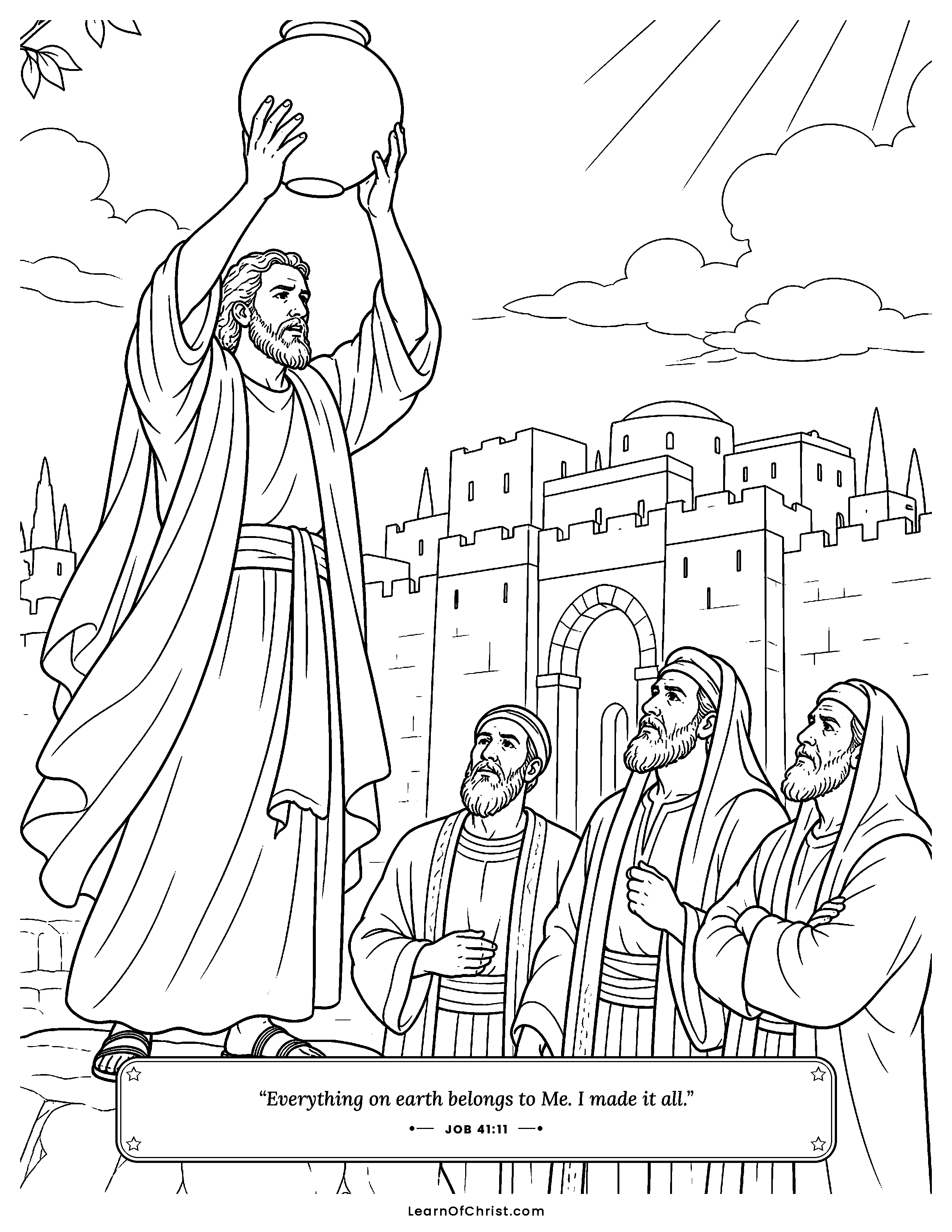 Job 41 coloring page - Job wonders at the great sea creature. Free printable Bible coloring sheet for kids.