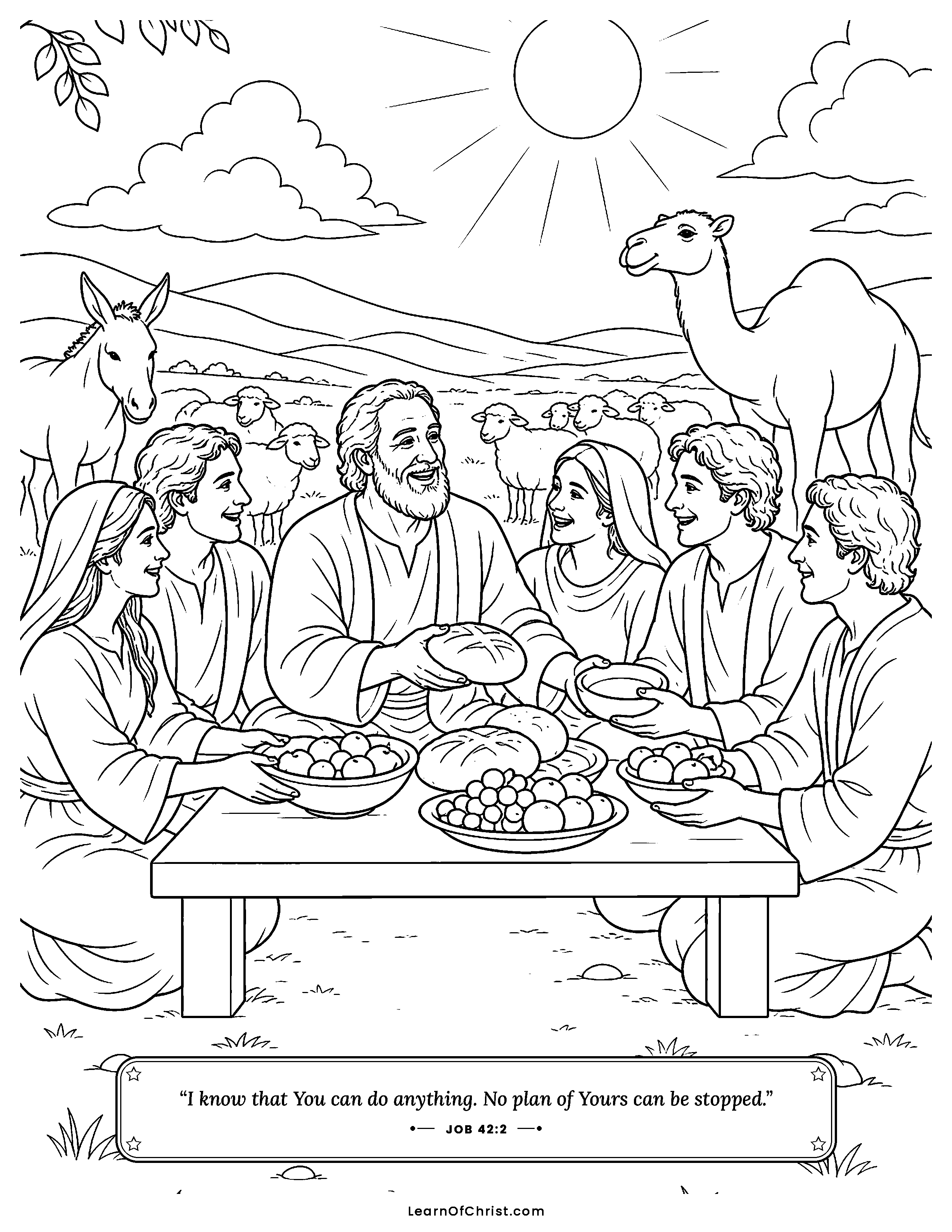Job 42 coloring page - Job's family gathers for a joyful feast. Free printable Bible coloring sheet for kids.