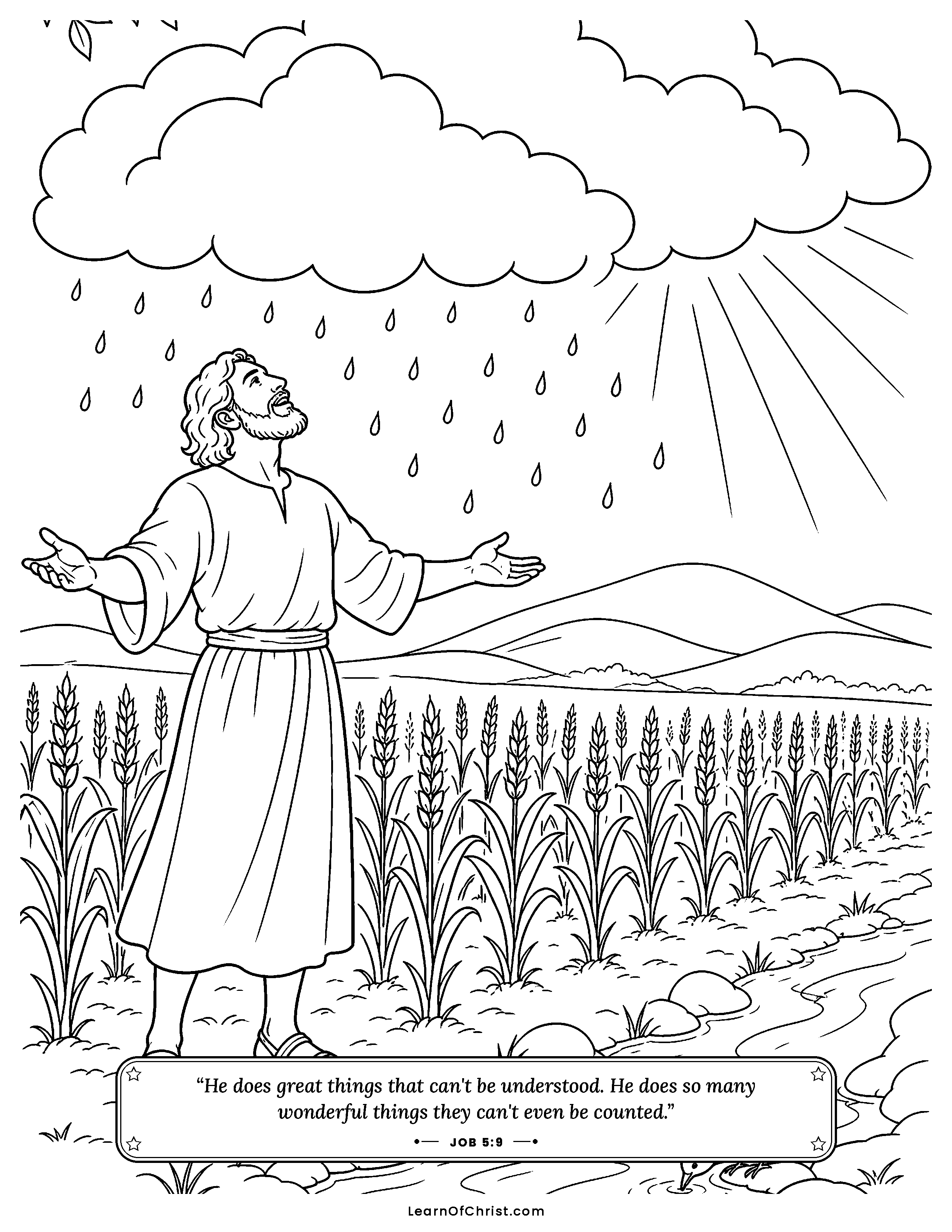 Job 5 coloring page - Rain falls on the fields as a wonder. Free printable Bible coloring sheet for kids.