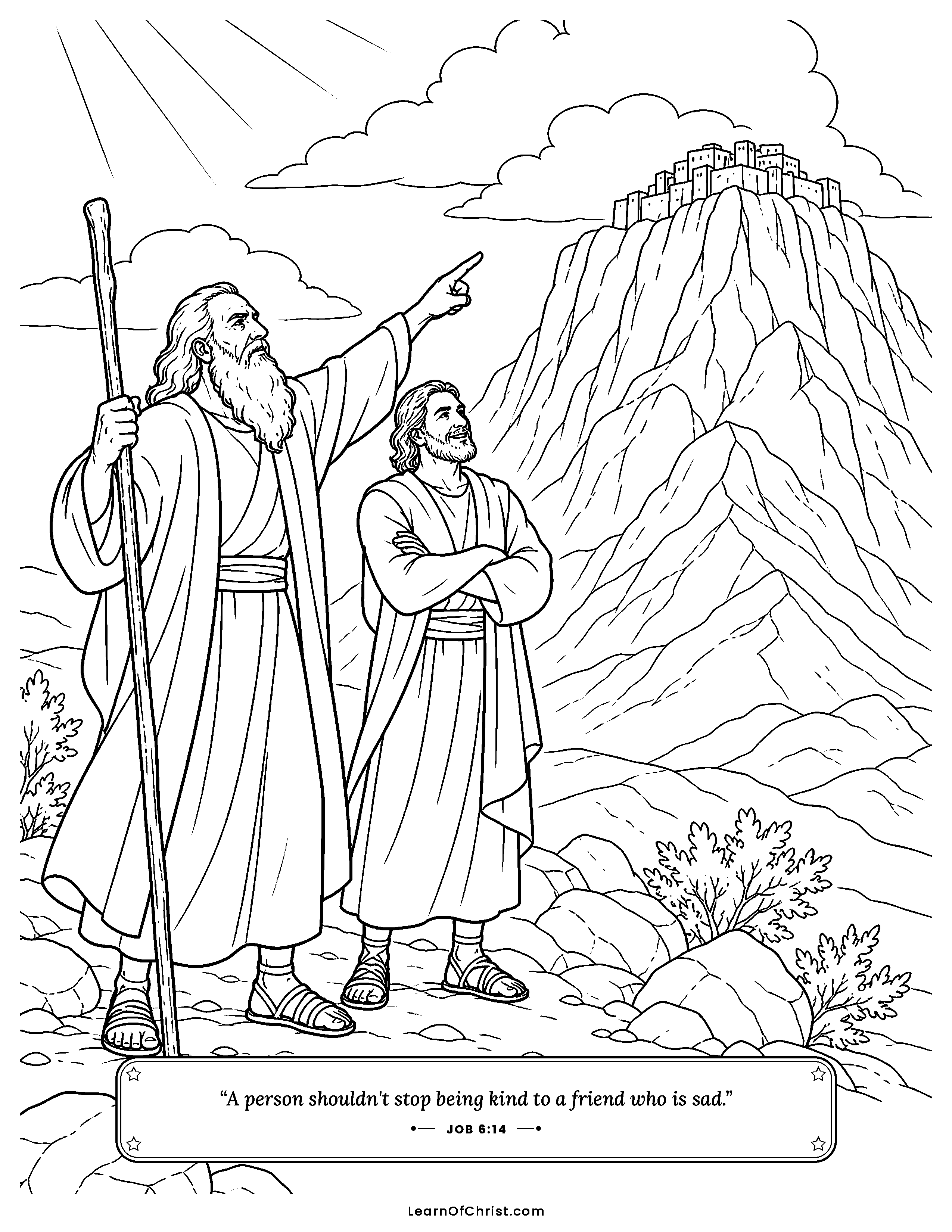 Job 6 coloring page - Job's sadness weighs more than the sand. Free printable Bible coloring sheet for kids.
