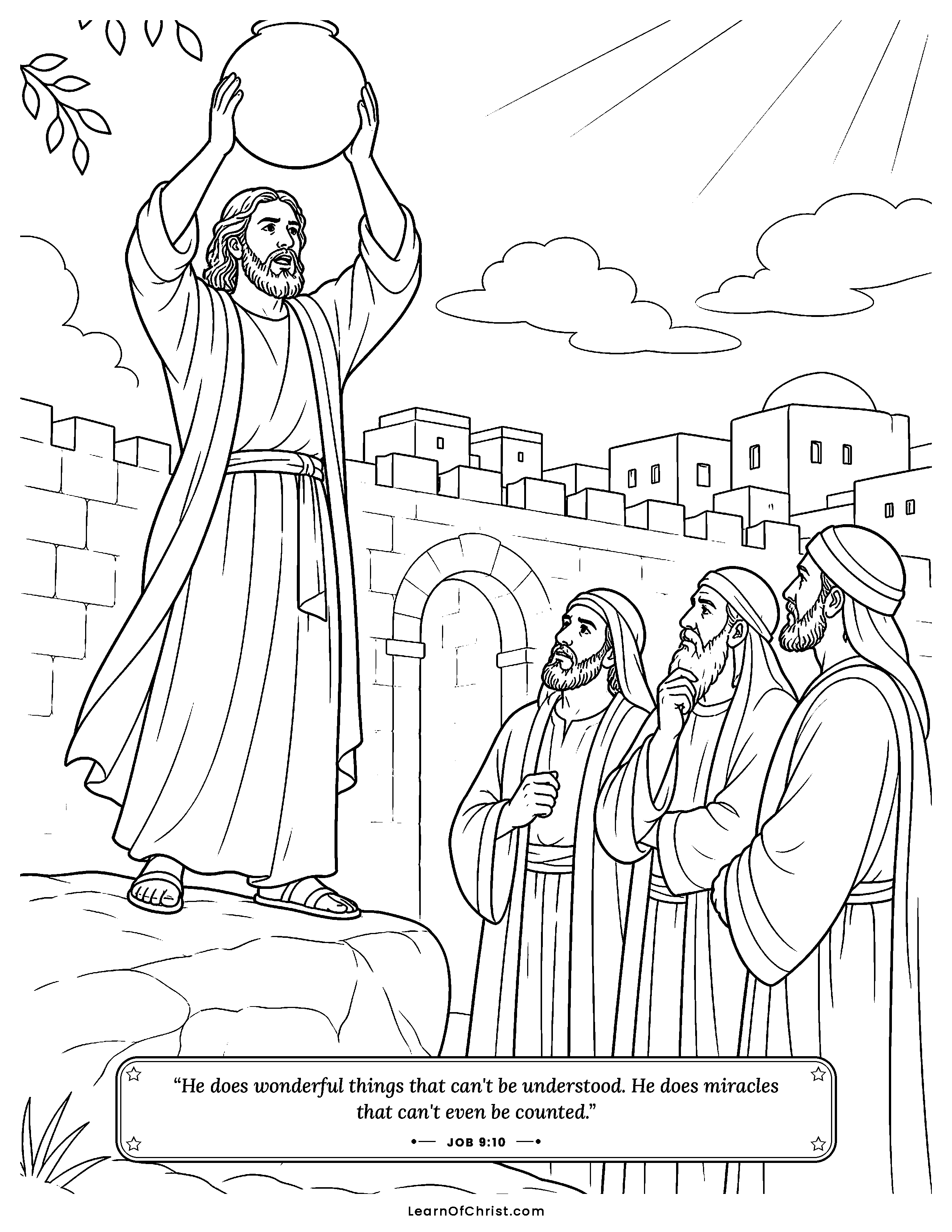 Job 9 coloring page - Job looks at the stars above the sea. Free printable Bible coloring sheet for kids.