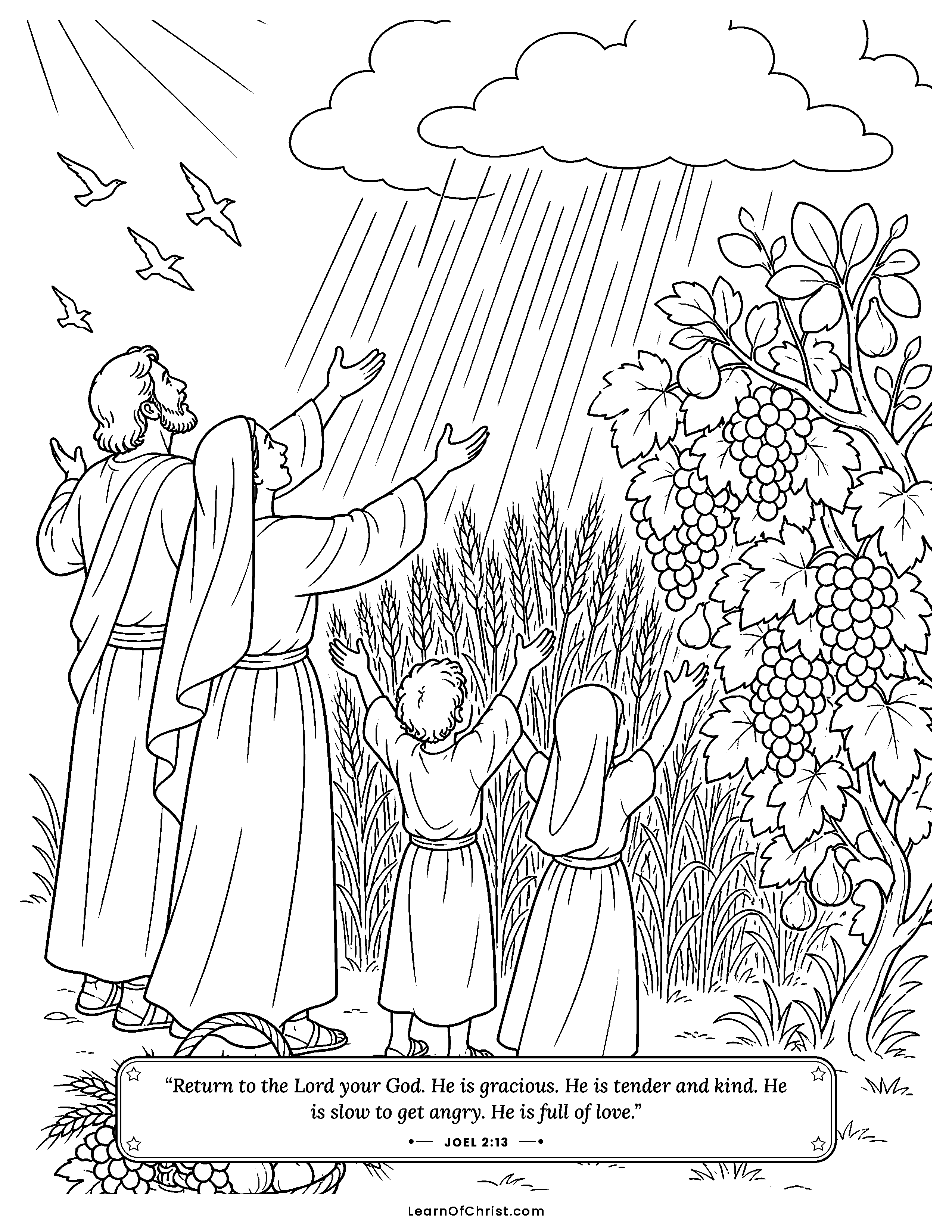 Joel 2 coloring page - The fields grow green again. Free printable Bible coloring sheet for kids.