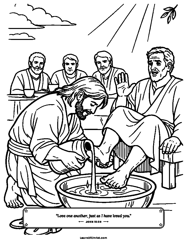 John 13 coloring page - The King kneels to wash dusty feet