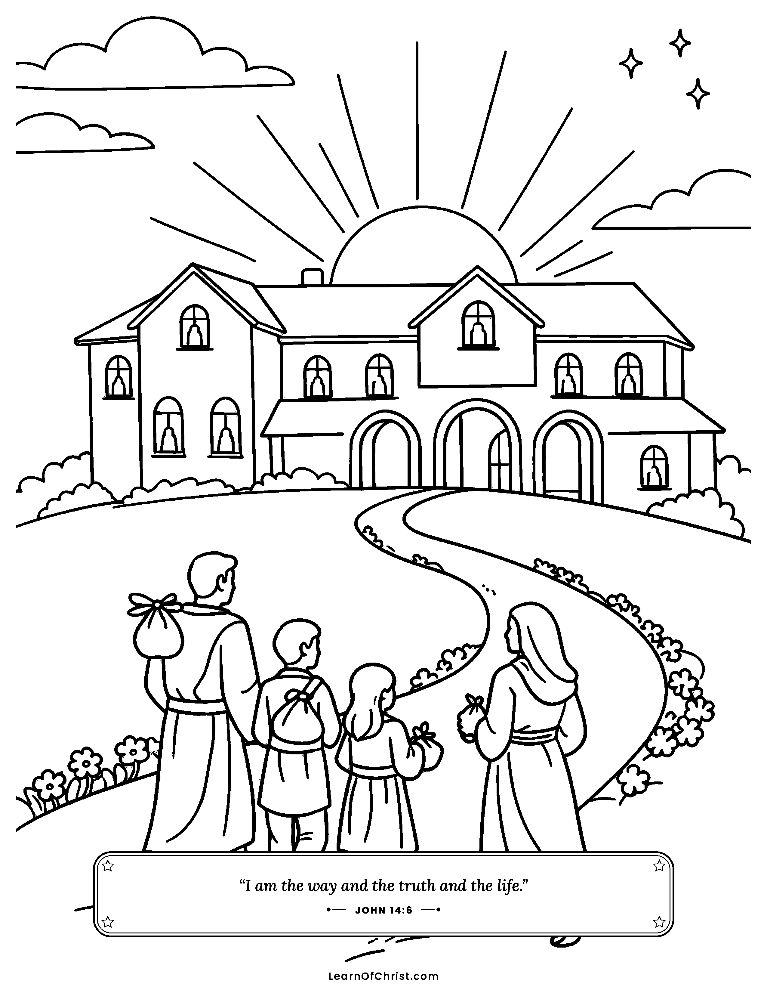 John 14 coloring page - A house with many rooms prepared. Free printable Bible coloring sheet for kids.