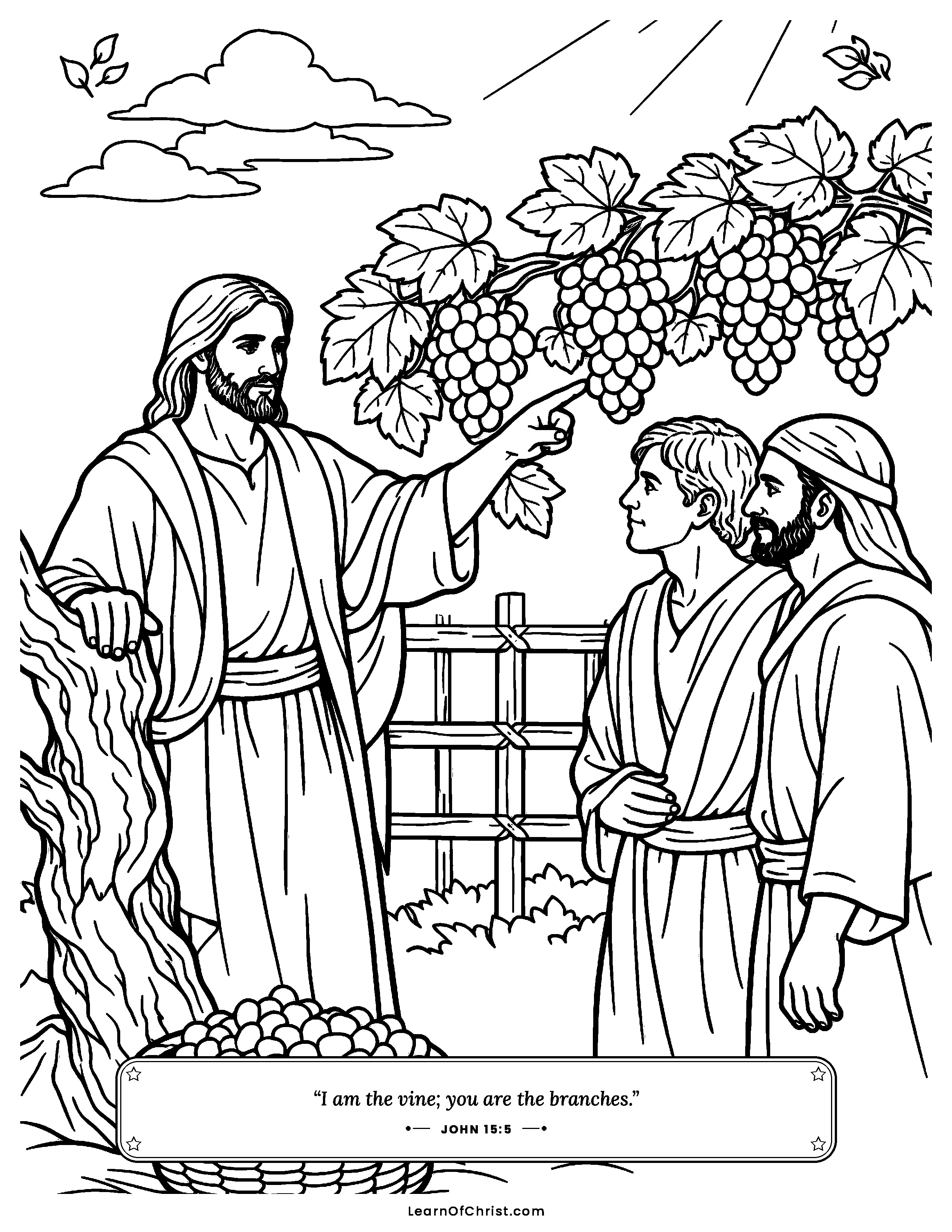 John 15 coloring page - Branches growing on the true vine. Free printable Bible coloring sheet for kids.
