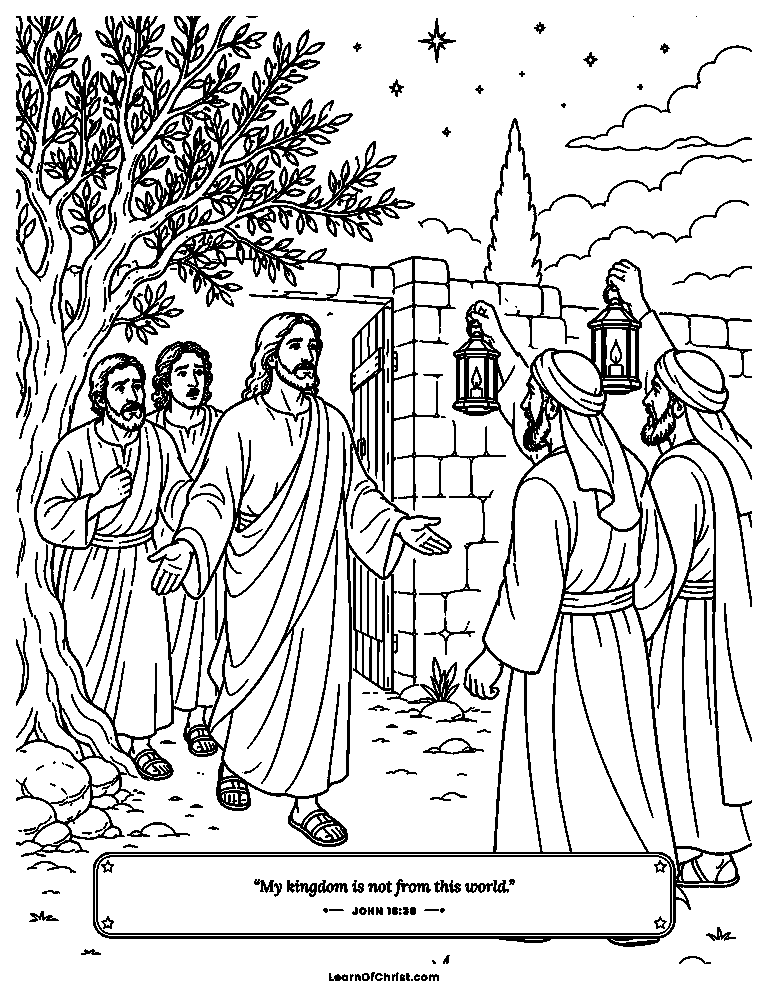 John 18 coloring page - Jesus steps forward calmly in the garden