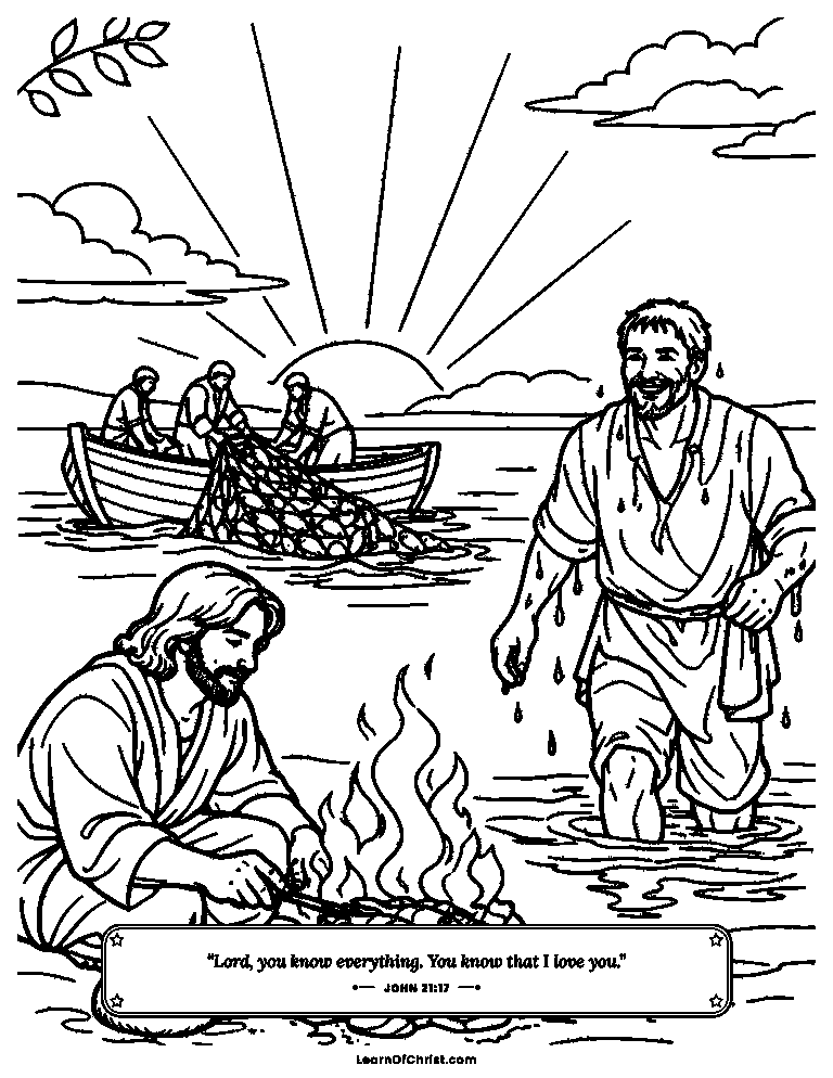 John 21 coloring page - Breakfast with Jesus on the beach
