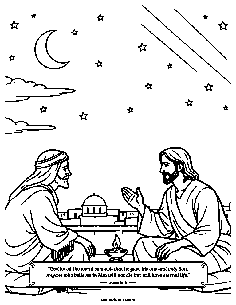 John 3 coloring page - Nicodemus visits Jesus at night