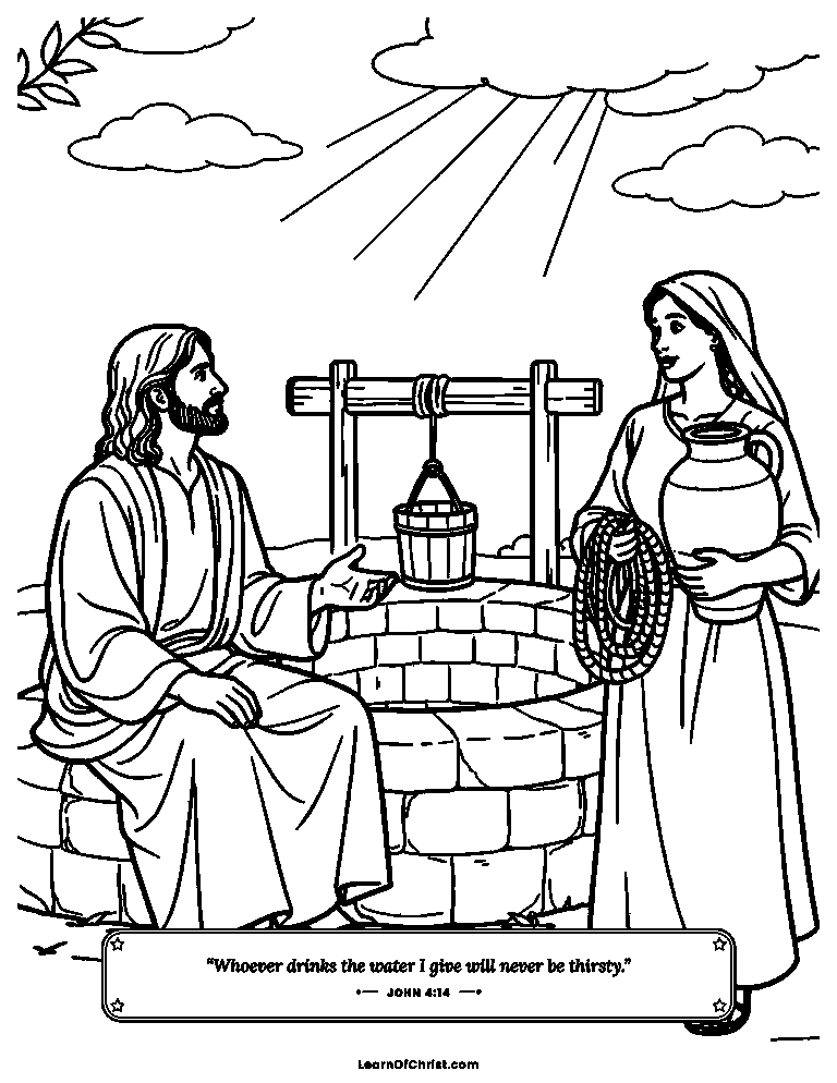 John 4 coloring page - Jesus talks with a woman at the well