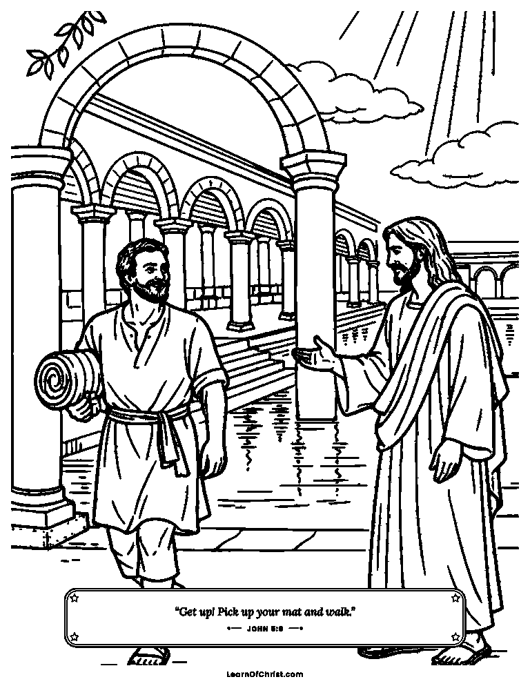 John 5 coloring page - A man picks up his mat and walks