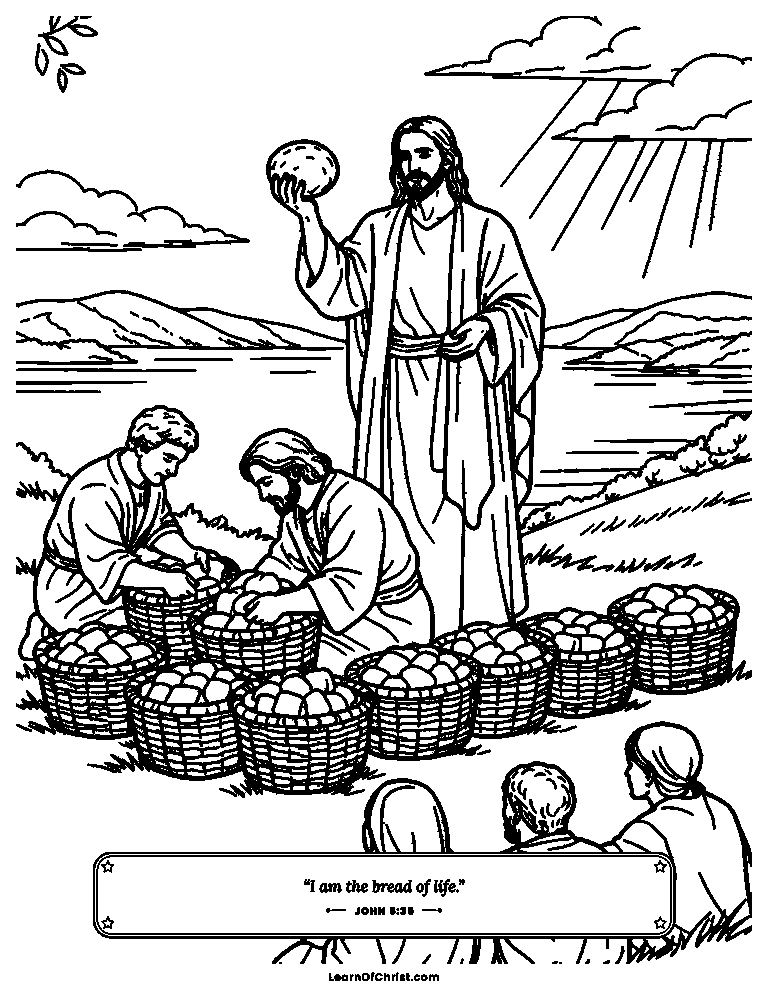 John 6 coloring page - Baskets of bread left over on the hillside