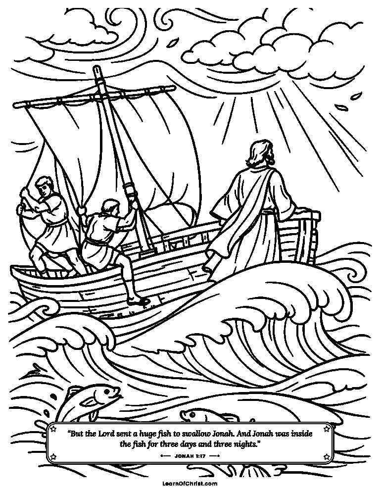 Jonah 1 coloring page - Jonah's ship tossed on big waves