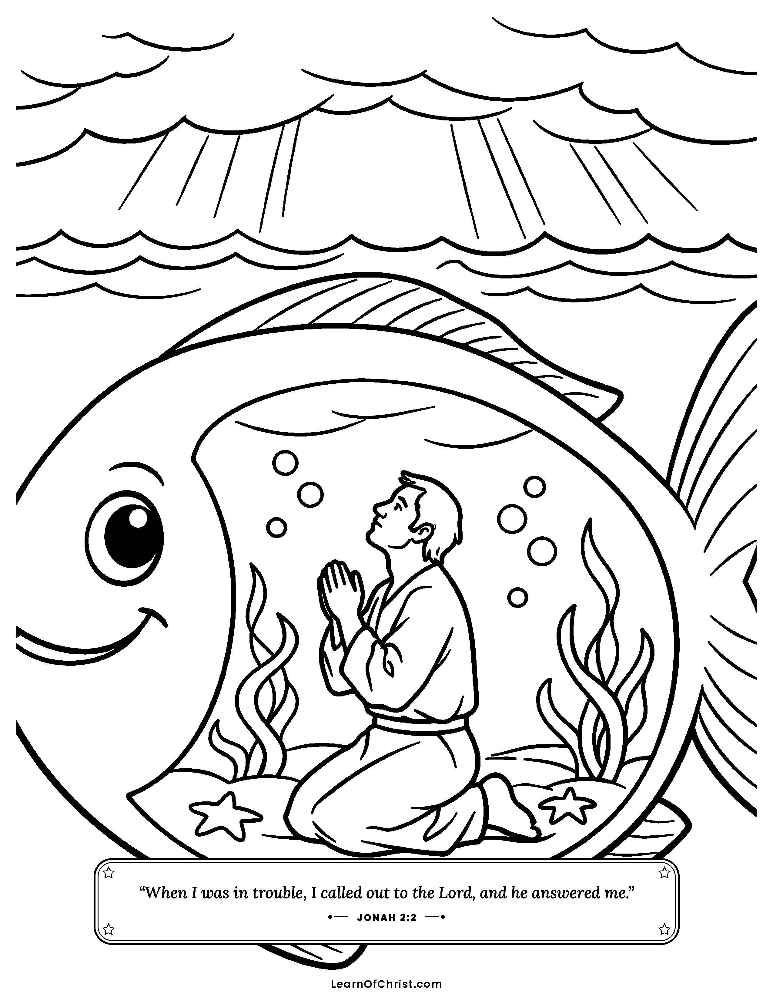 Jonah 2 coloring page - Jonah prays inside the great fish. Free printable Bible coloring sheet for kids.