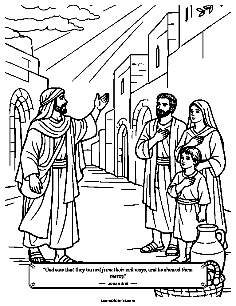 Jonah 3 coloring page - Jonah preaches in the great city