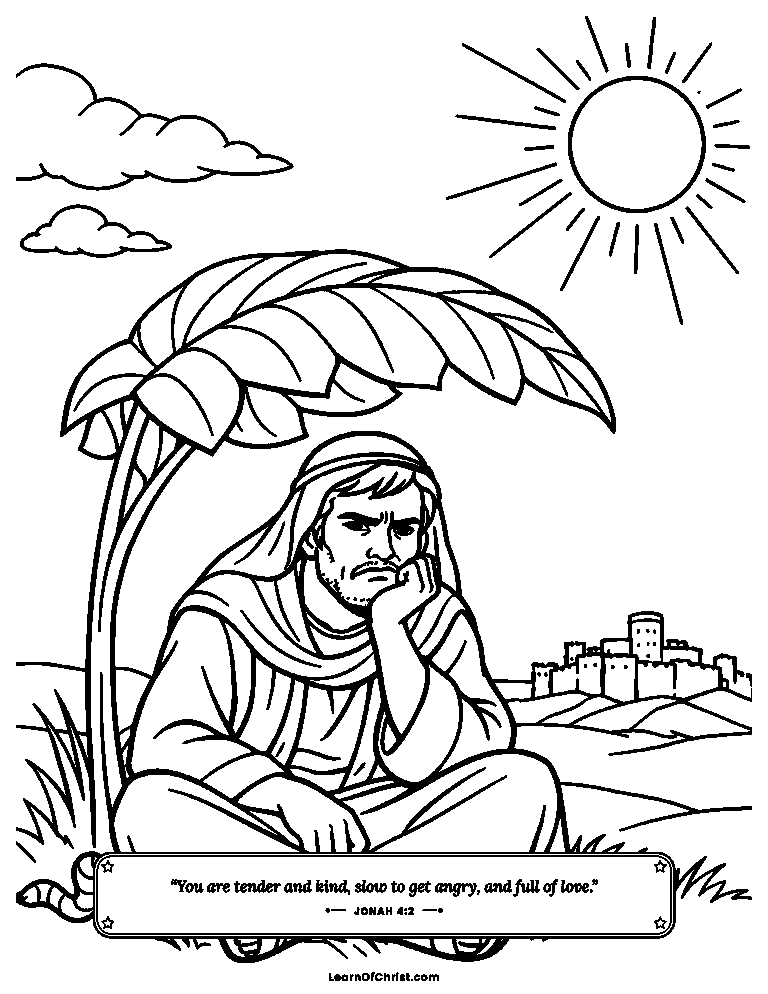 Jonah 4 coloring page - Jonah sulks under a leafy plant