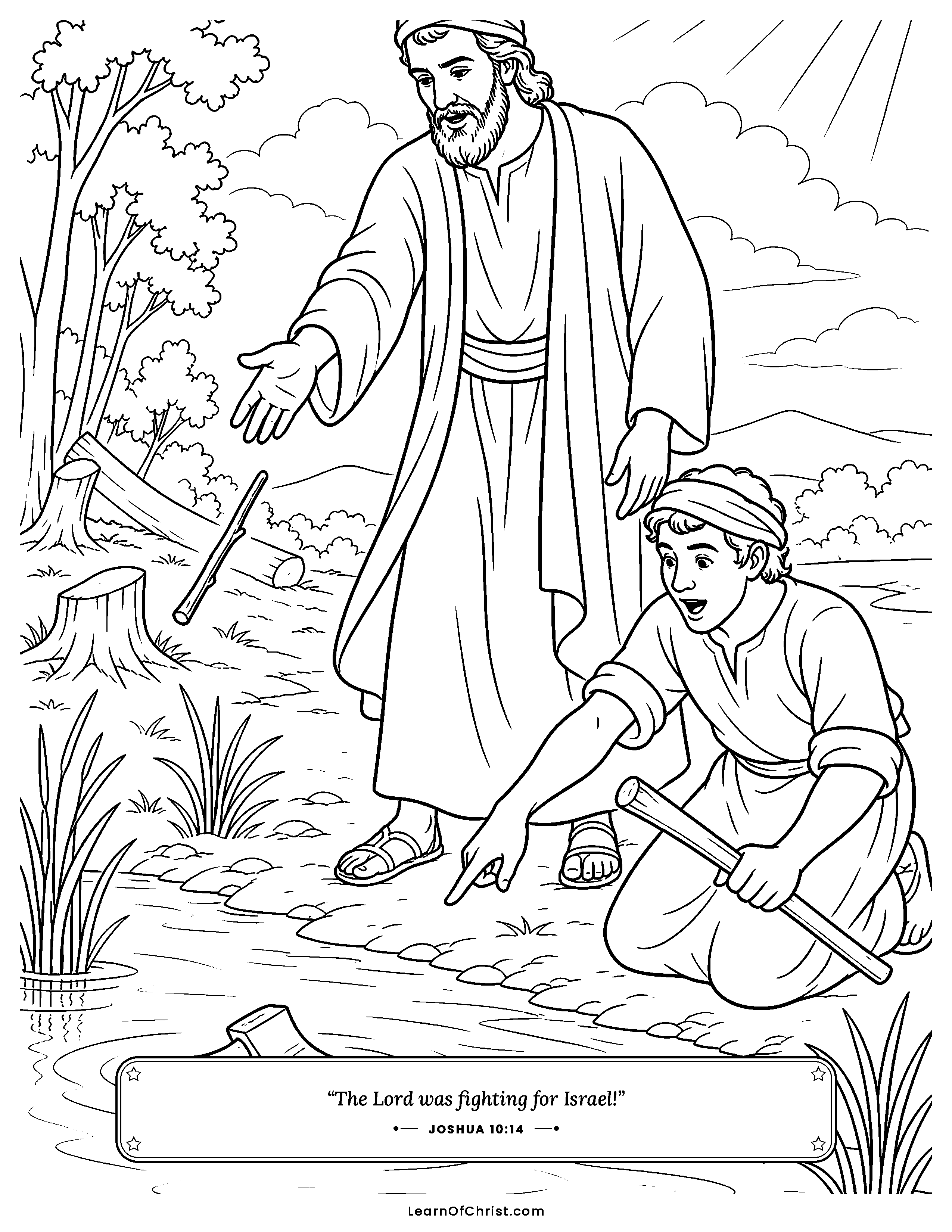 Joshua 10 coloring page - Joshua prays and the sun stands still. Free printable Bible coloring sheet for kids.