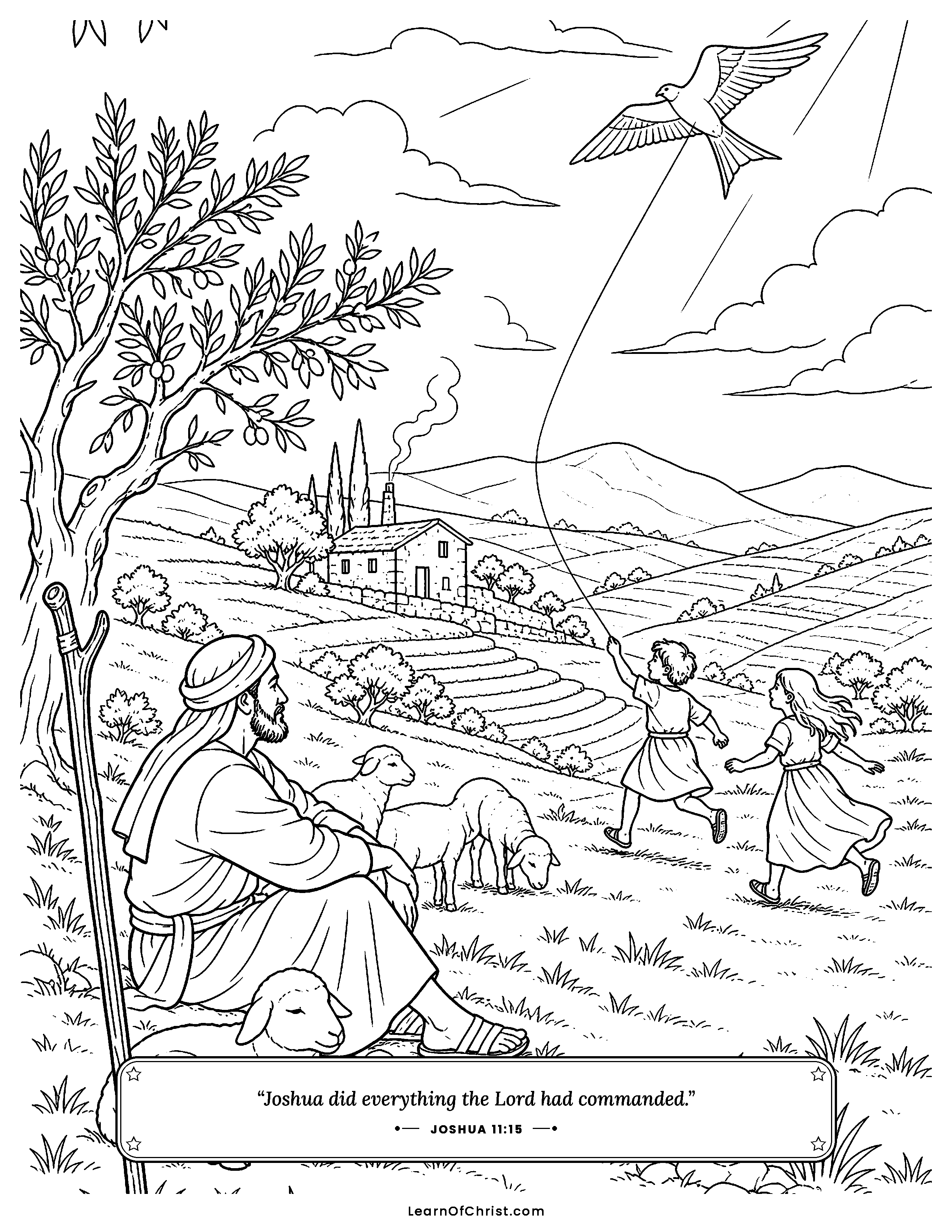 Joshua 11 coloring page - At last the land is quiet and at rest. Free printable Bible coloring sheet for kids.