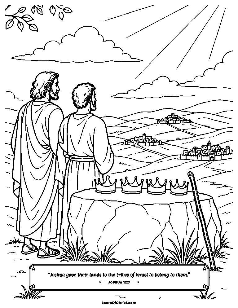 Joshua 12 coloring page - Crowns laid down on a flat stone