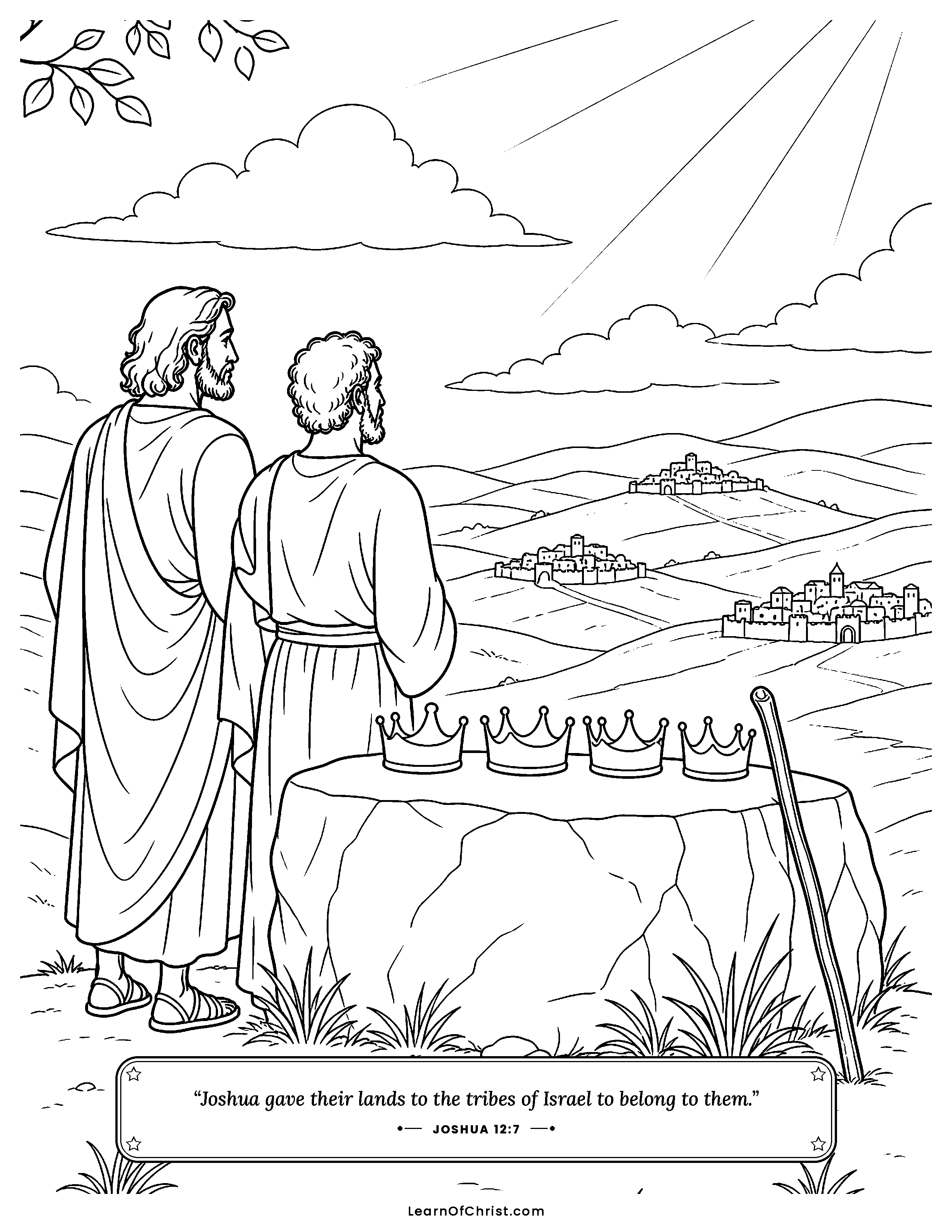 Joshua 12 coloring page - Crowns laid down on a flat stone. Free printable Bible coloring sheet for kids.