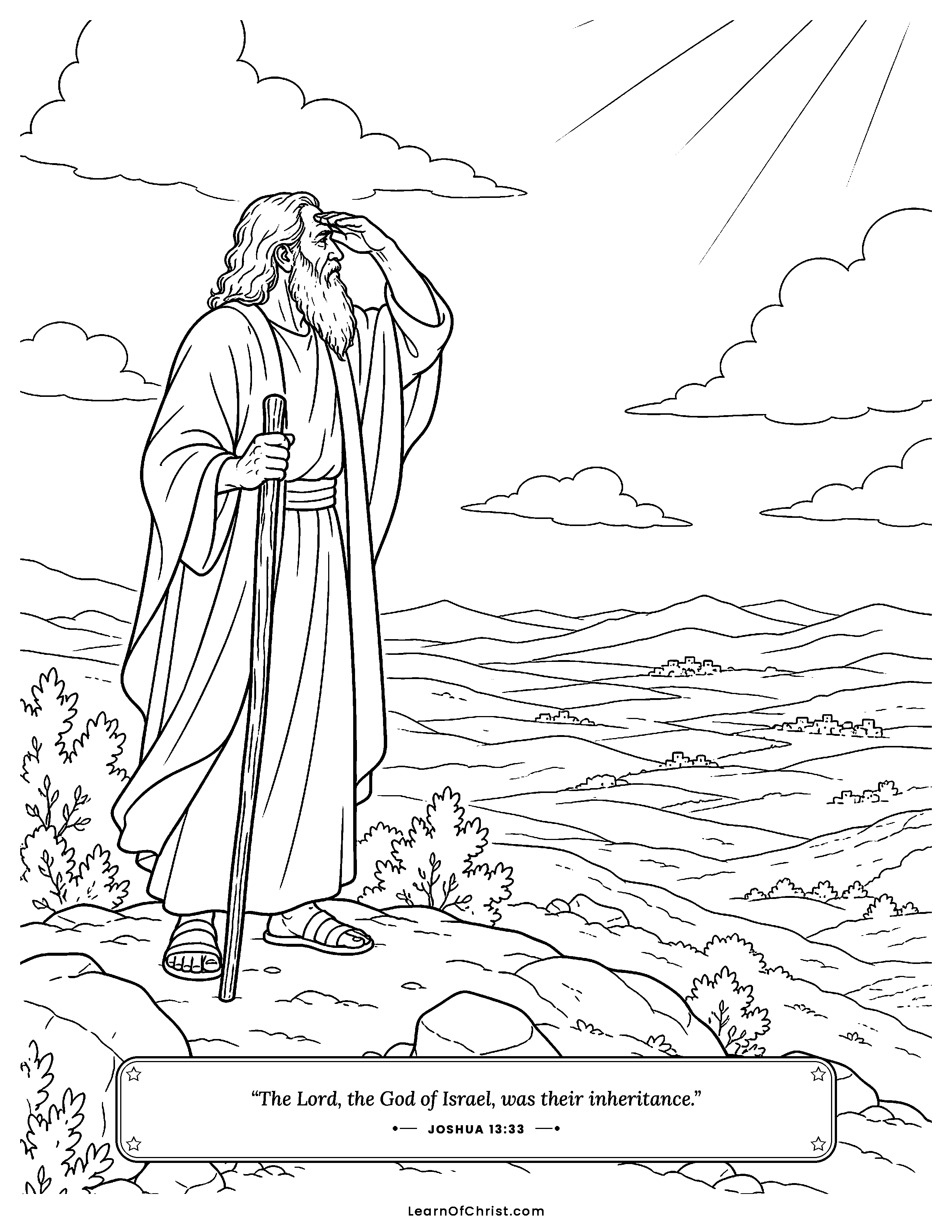 Joshua 13 coloring page - Much land still to come. Free printable Bible coloring sheet for kids.