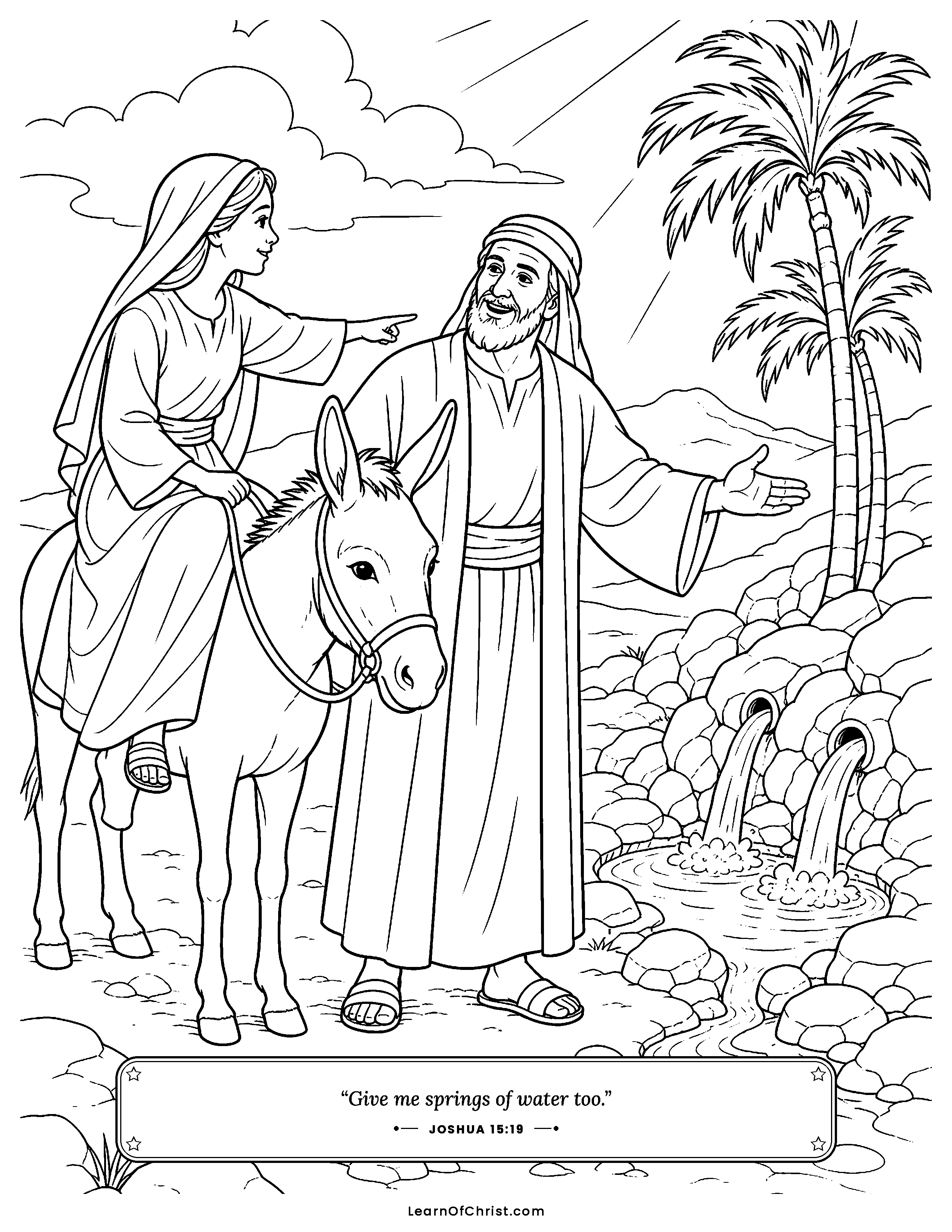 Joshua 15 coloring page - Acsah asks her father for springs. Free printable Bible coloring sheet for kids.