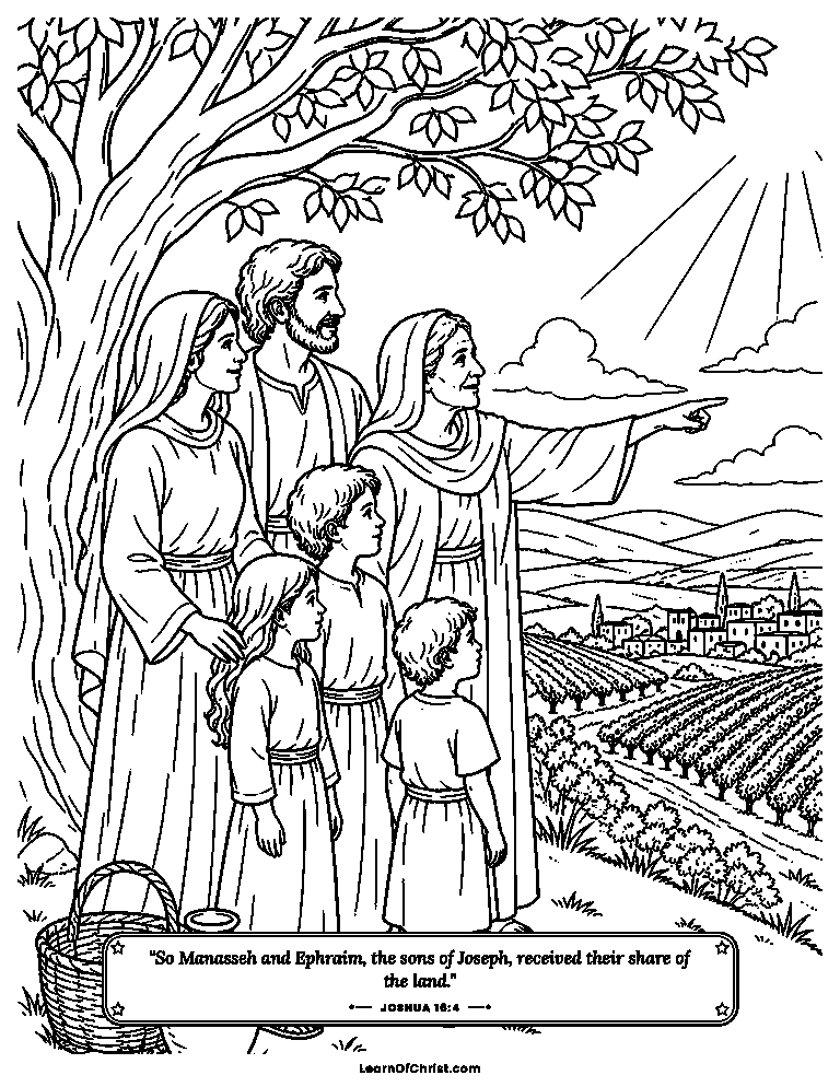 Joshua 16 coloring page - Three generations under one tree