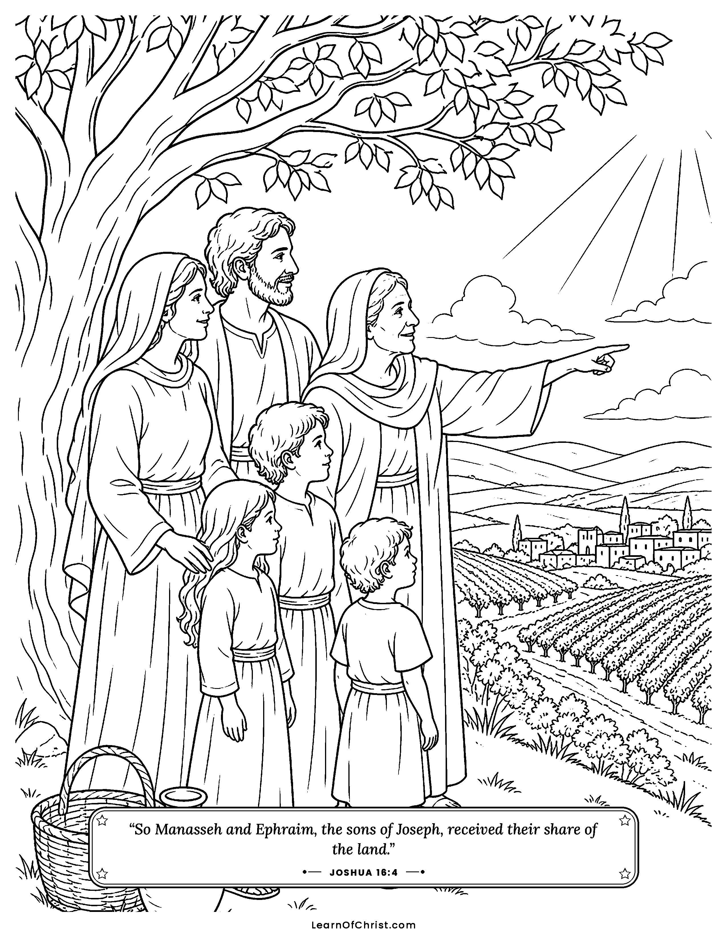 Joshua 16 coloring page - Three generations under one tree. Free printable Bible coloring sheet for kids.