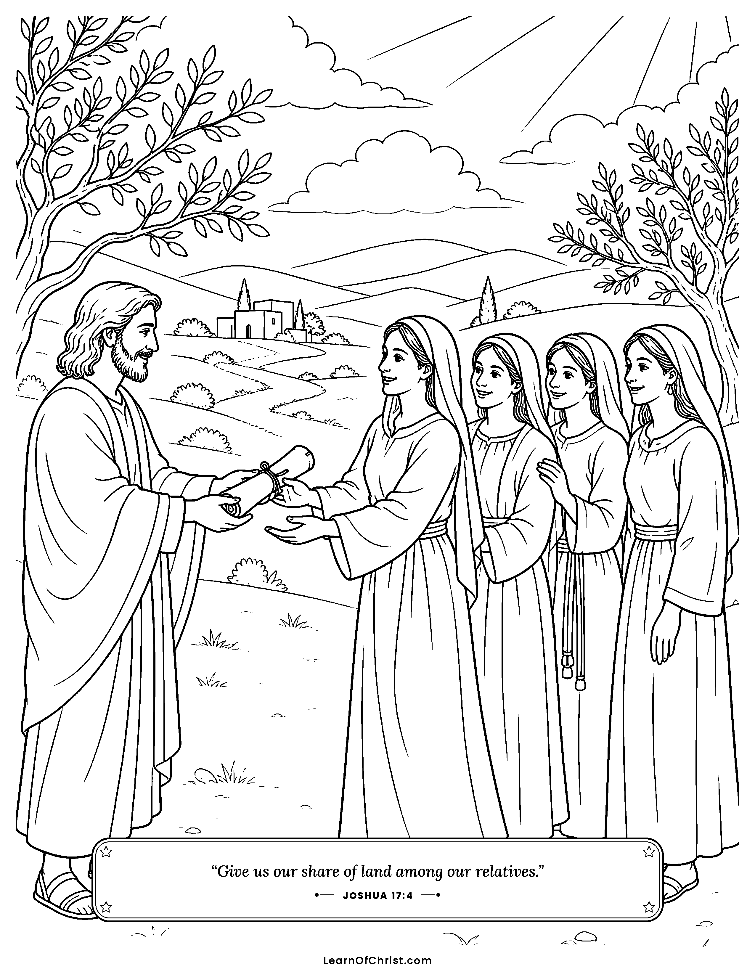 Joshua 17 coloring page - Joshua gives the five sisters their land. Free printable Bible coloring sheet for kids.