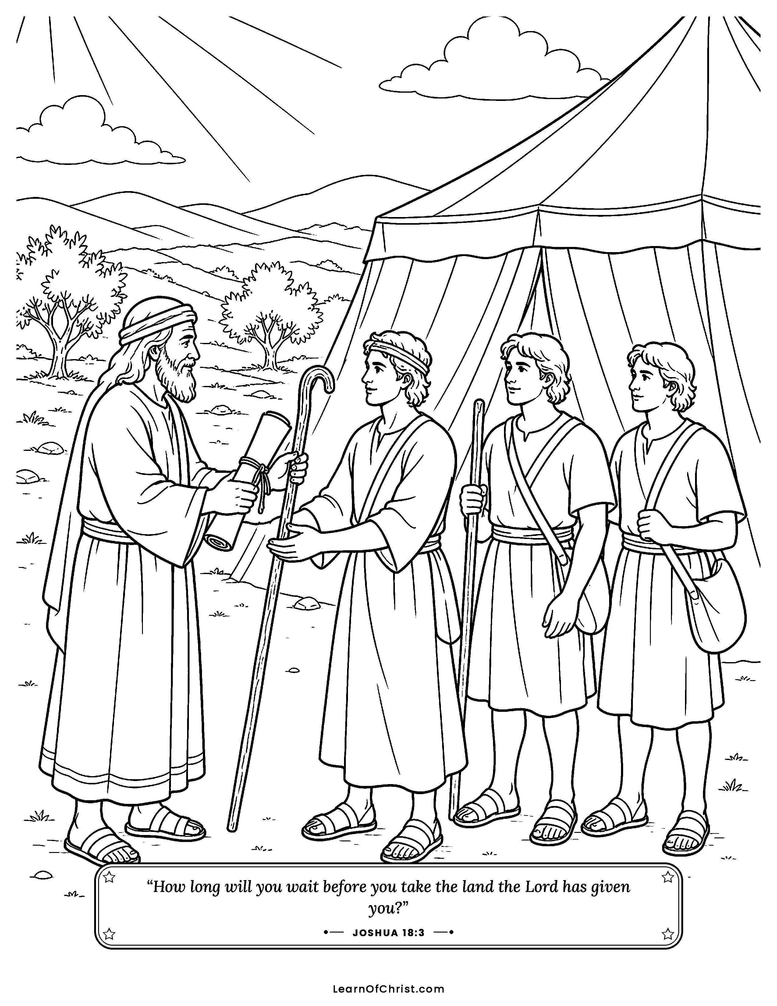 Joshua 18 coloring page - Joshua sends men to map the land. Free printable Bible coloring sheet for kids.