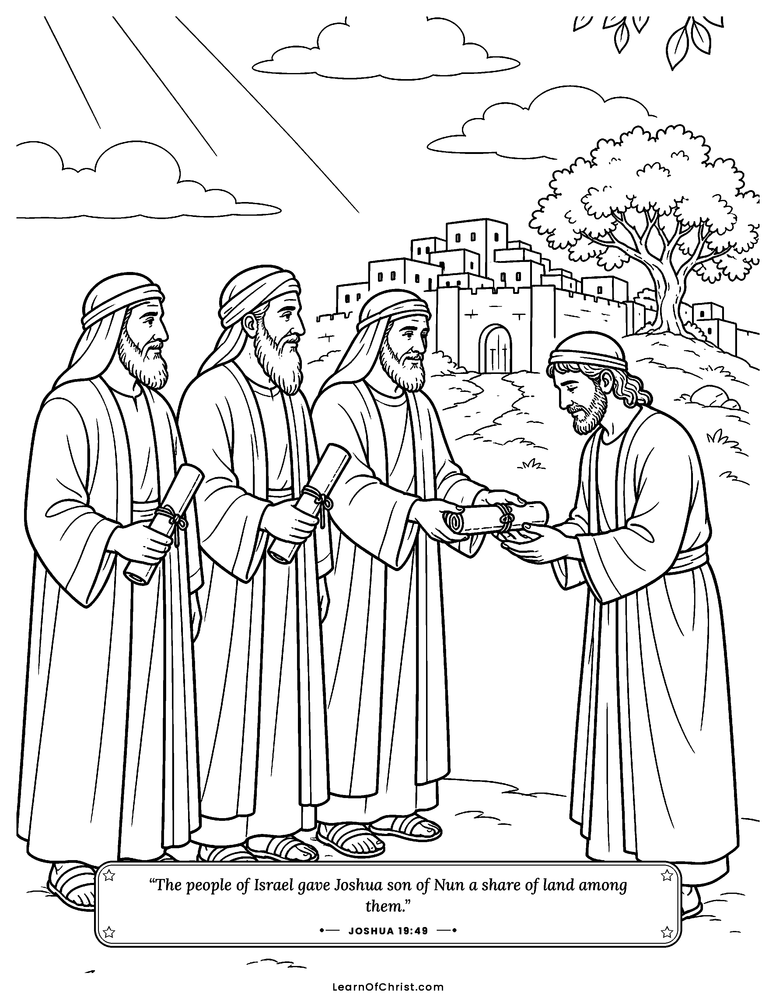 Joshua 19 coloring page - Joshua takes his portion last. Free printable Bible coloring sheet for kids.