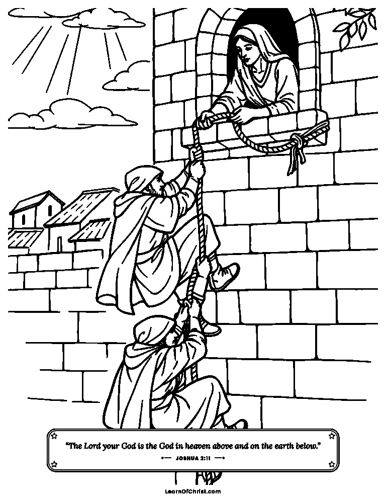 Joshua 2 coloring page - Rahab lowers the spies from her window