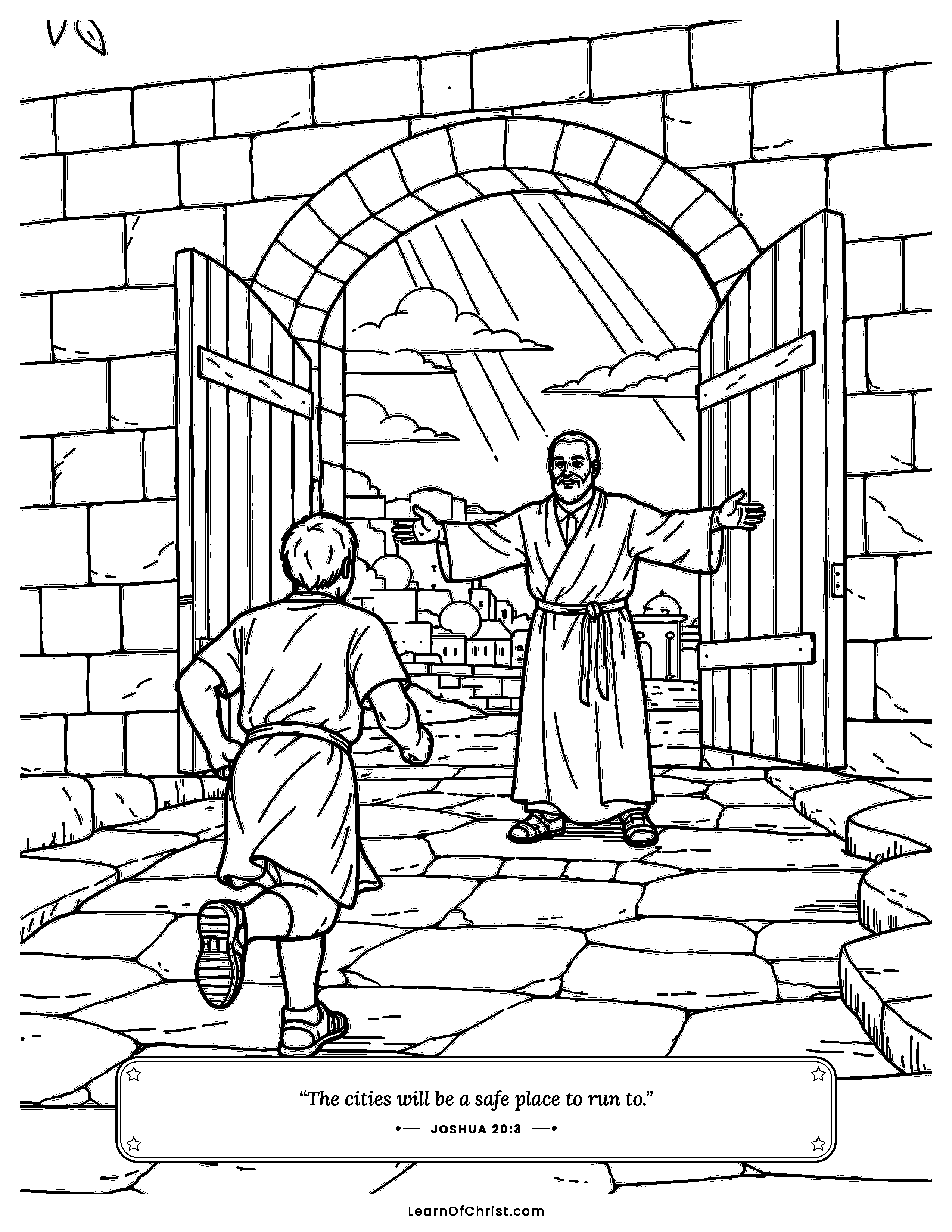 Joshua 20 coloring page - A safe city with open gates. Free printable Bible coloring sheet for kids.