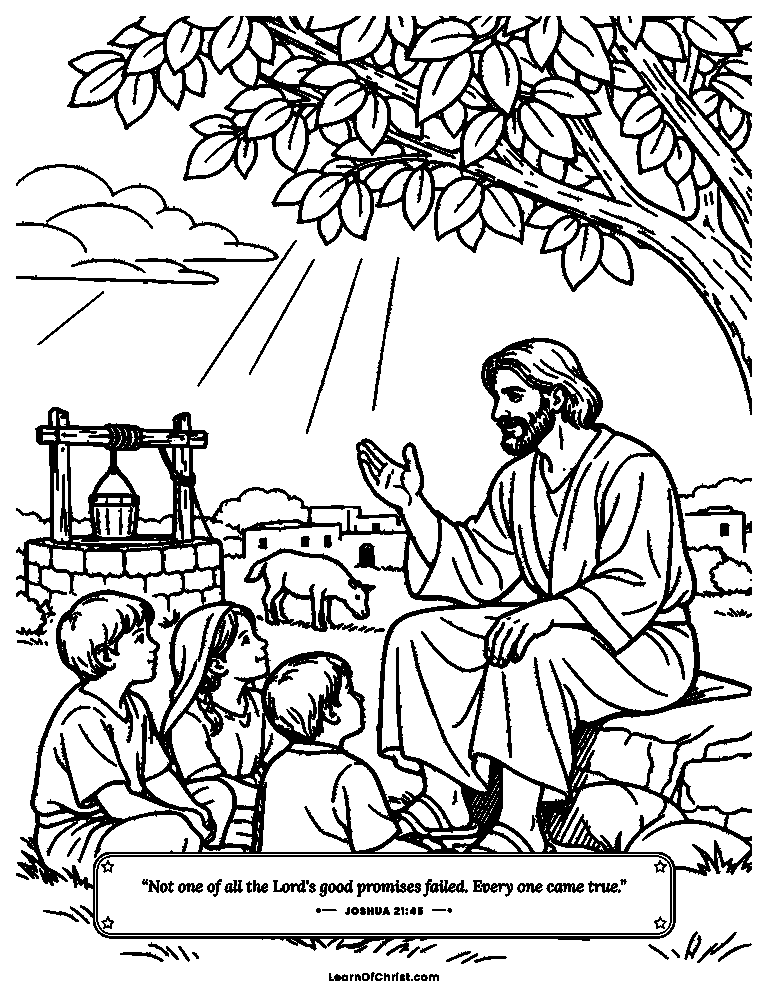 Joshua 21 coloring page - A Levite teaches children under a fig tree